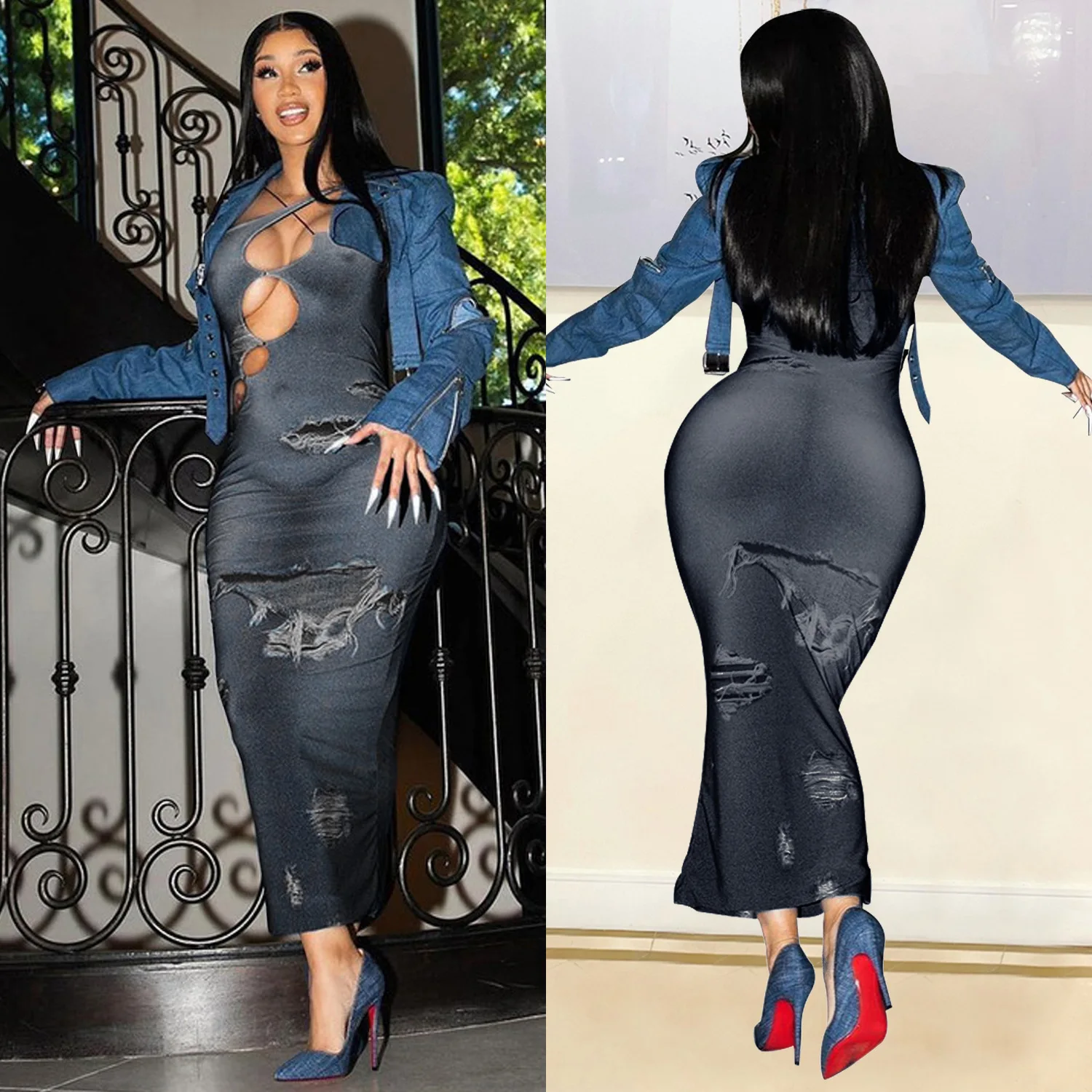 CM.YAYA 2024 Summer Sleeveless Halter Fake Denim Print Women Dress Hollow Out Night Club Party Street Long Maxi Dresses Vestidos