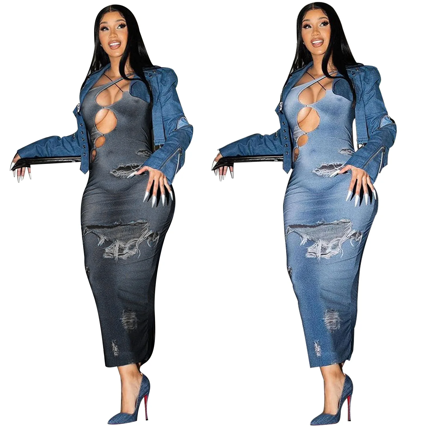 CM.YAYA 2024 Summer Sleeveless Halter Fake Denim Print Women Dress Hollow Out Night Club Party Street Long Maxi Dresses Vestidos