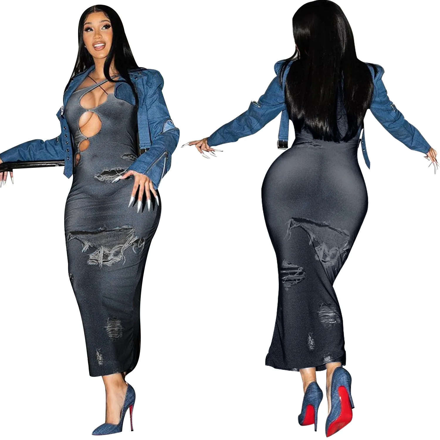 CM.YAYA 2024 Summer Sleeveless Halter Fake Denim Print Women Dress Hollow Out Night Club Party Street Long Maxi Dresses Vestidos