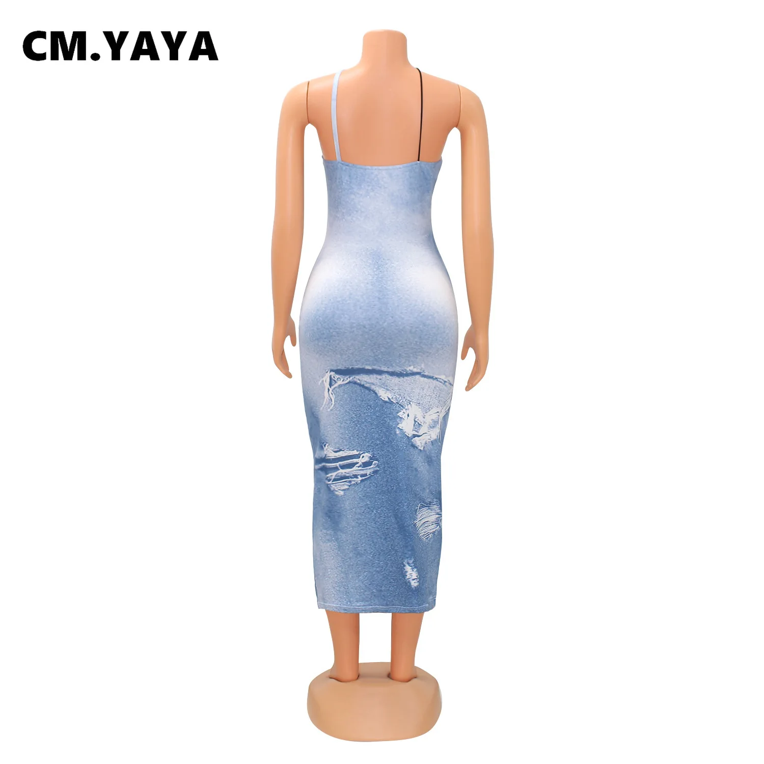 CM.YAYA 2024 Summer Sleeveless Halter Fake Denim Print Women Dress Hollow Out Night Club Party Street Long Maxi Dresses Vestidos CM.YAYA 2024 Summer Sleeveless Halter Fake Denim Print Women Dress Hollow Out Night Club Party Street Long Maxi Dresses Vestidos