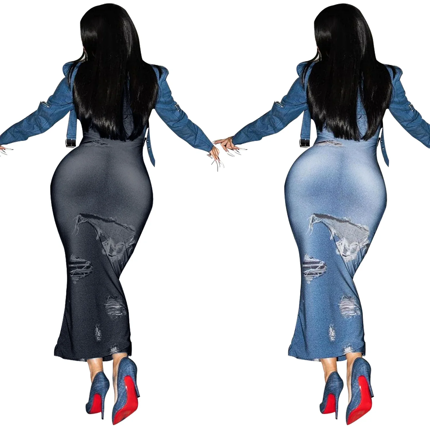 CM.YAYA 2024 Summer Sleeveless Halter Fake Denim Print Women Dress Hollow Out Night Club Party Street Long Maxi Dresses Vestidos