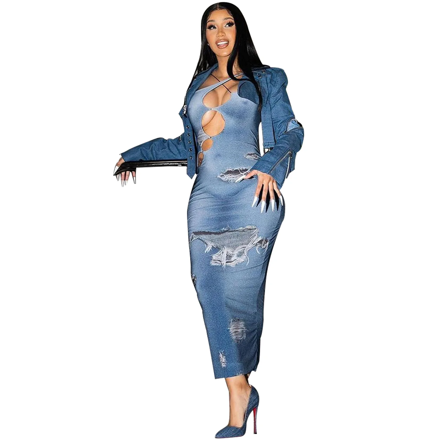 CM.YAYA 2024 Summer Sleeveless Halter Fake Denim Print Women Dress Hollow Out Night Club Party Street Long Maxi Dresses Vestidos