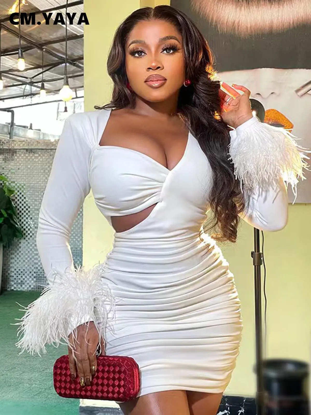 CM.YAYA Vintage Women Feather Hem Long Sleeve Asymmetrical V-neck Cutout Side Ruched Stacked Sexy Party Bodycon Midi Dresses