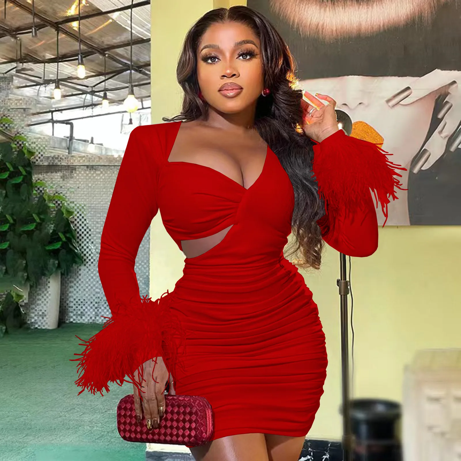 CM.YAYA Vintage Women Feather Hem Long Sleeve Asymmetrical V-neck Cutout Side Ruched Stacked Sexy Party Bodycon Midi Dresses