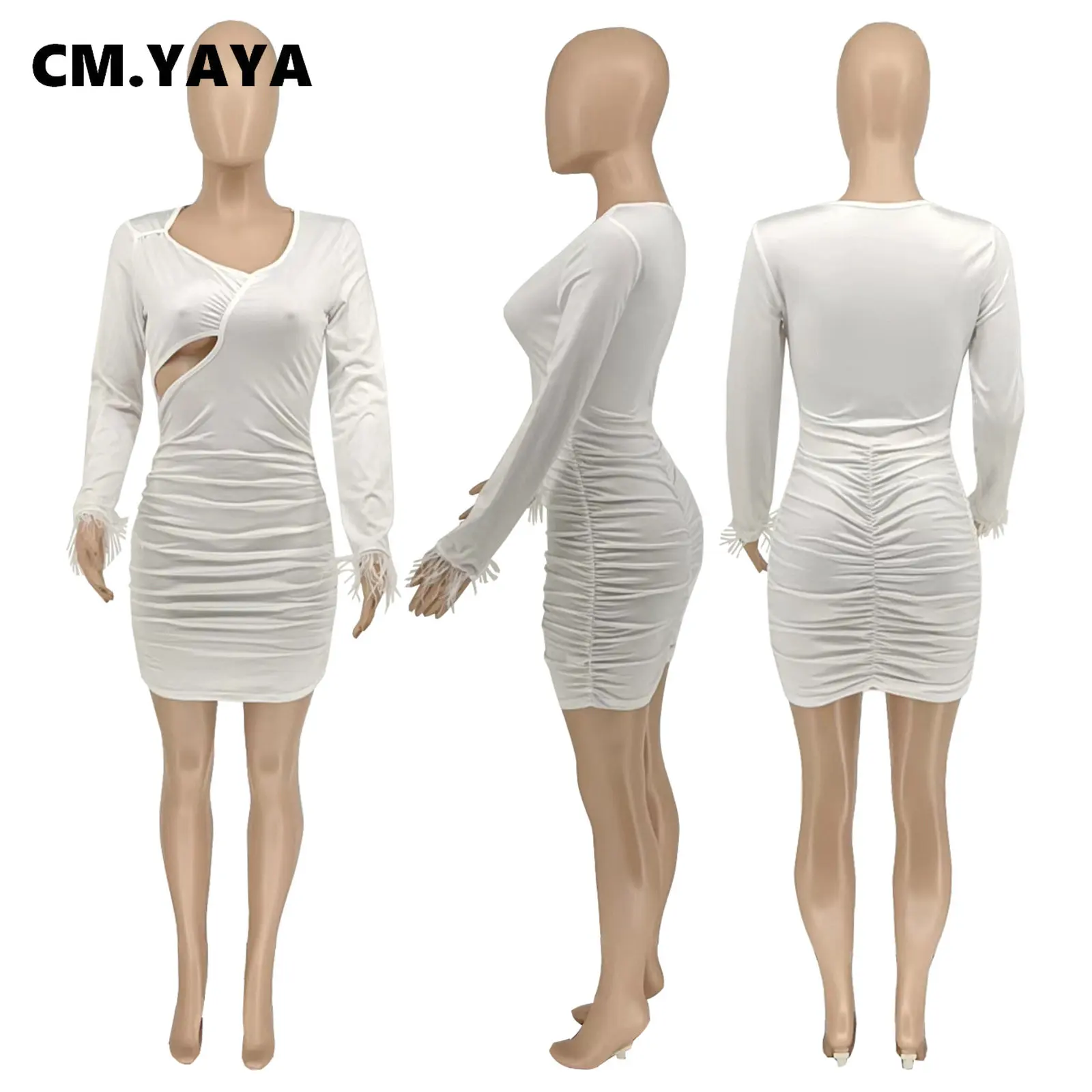 CM.YAYA Vintage Women Feather Hem Long Sleeve Asymmetrical V-neck Cutout Side Ruched Stacked Sexy Party Bodycon Midi Dresses
