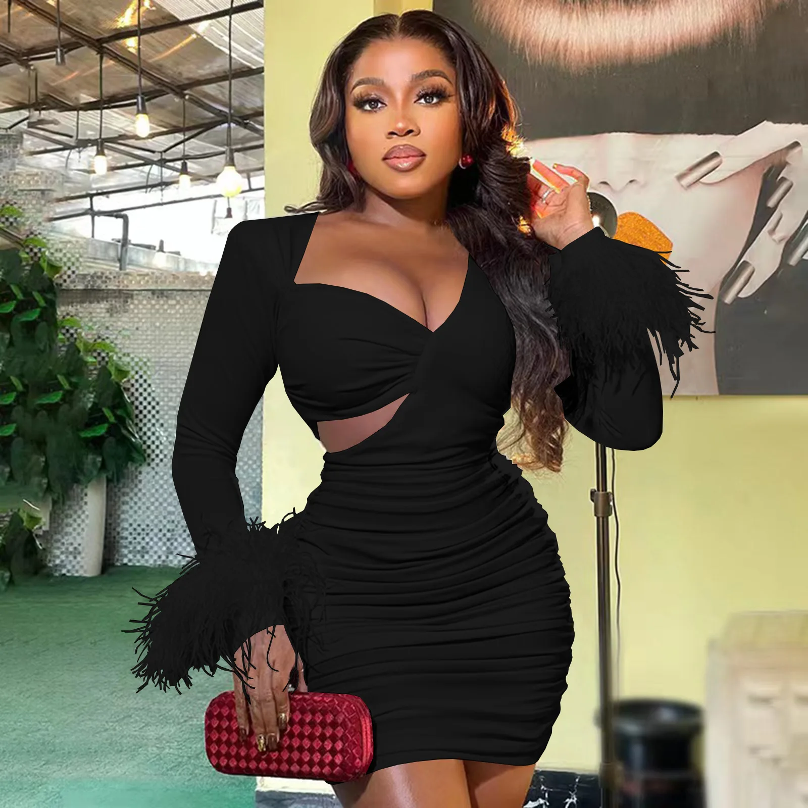 CM.YAYA Vintage Women Feather Hem Long Sleeve Asymmetrical V-neck Cutout Side Ruched Stacked Sexy Party Bodycon Midi Dresses