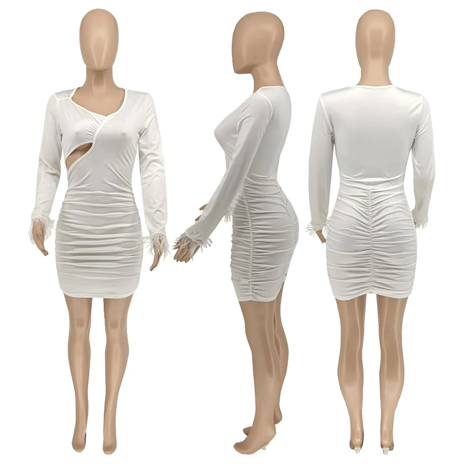 CM.YAYA Vintage Women Feather Hem Long Sleeve Asymmetrical V-neck Cutout Side Ruched Stacked Sexy Party Bodycon Midi Dresses