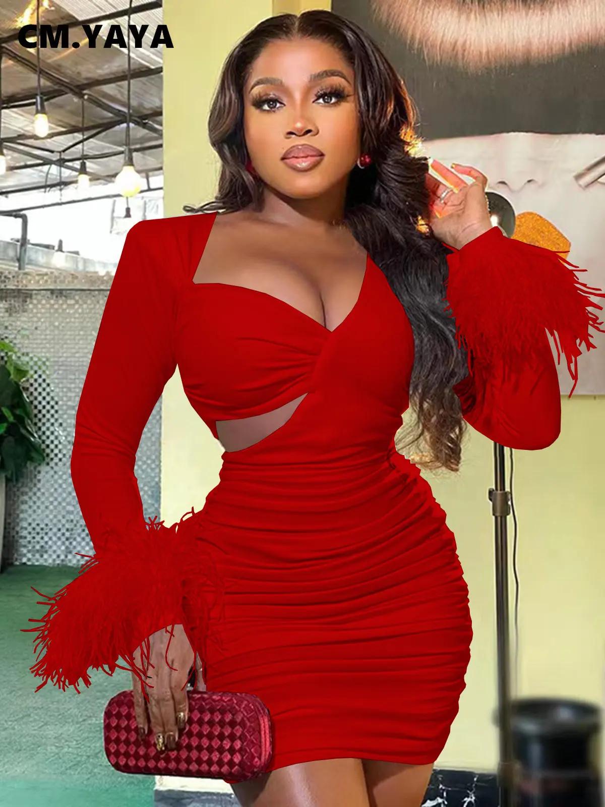 CM.YAYA Vintage Women Feather Hem Long Sleeve Asymmetrical V-neck Cutout Side Ruched Stacked Sexy Party Bodycon Midi Dresses