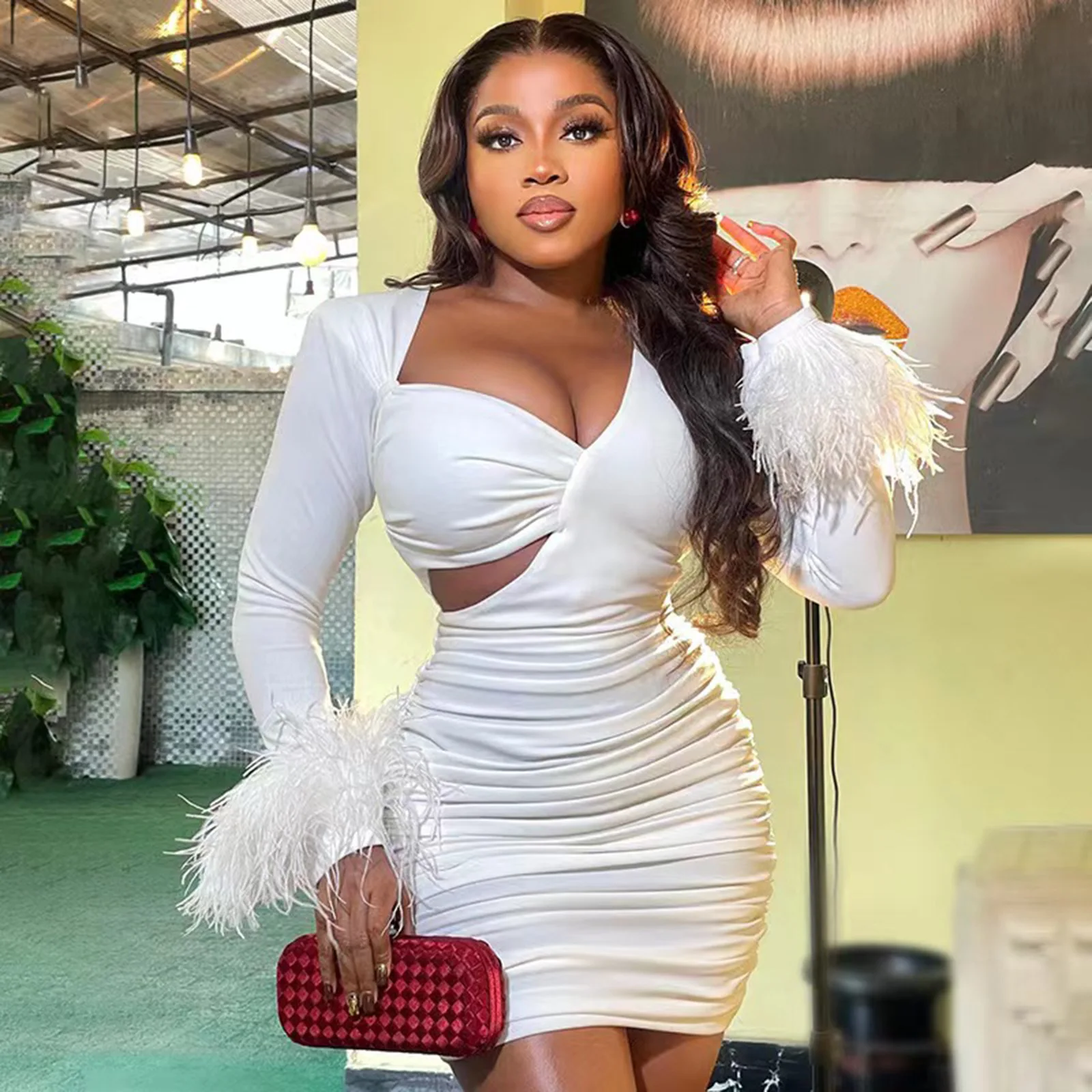 CM.YAYA Vintage Women Feather Hem Long Sleeve Asymmetrical V-neck Cutout Side Ruched Stacked Sexy Party Bodycon Midi Dresses