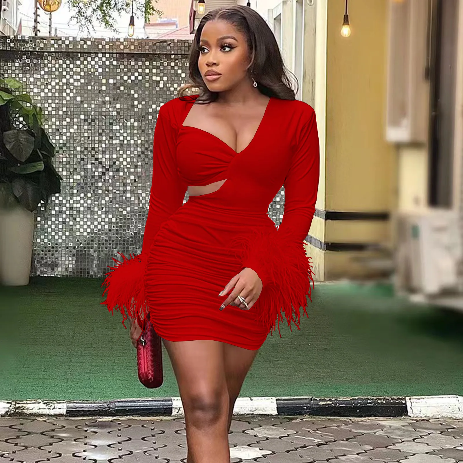 CM.YAYA Vintage Women Feather Hem Long Sleeve Asymmetrical V-neck Cutout Side Ruched Stacked Sexy Party Bodycon Midi Dresses