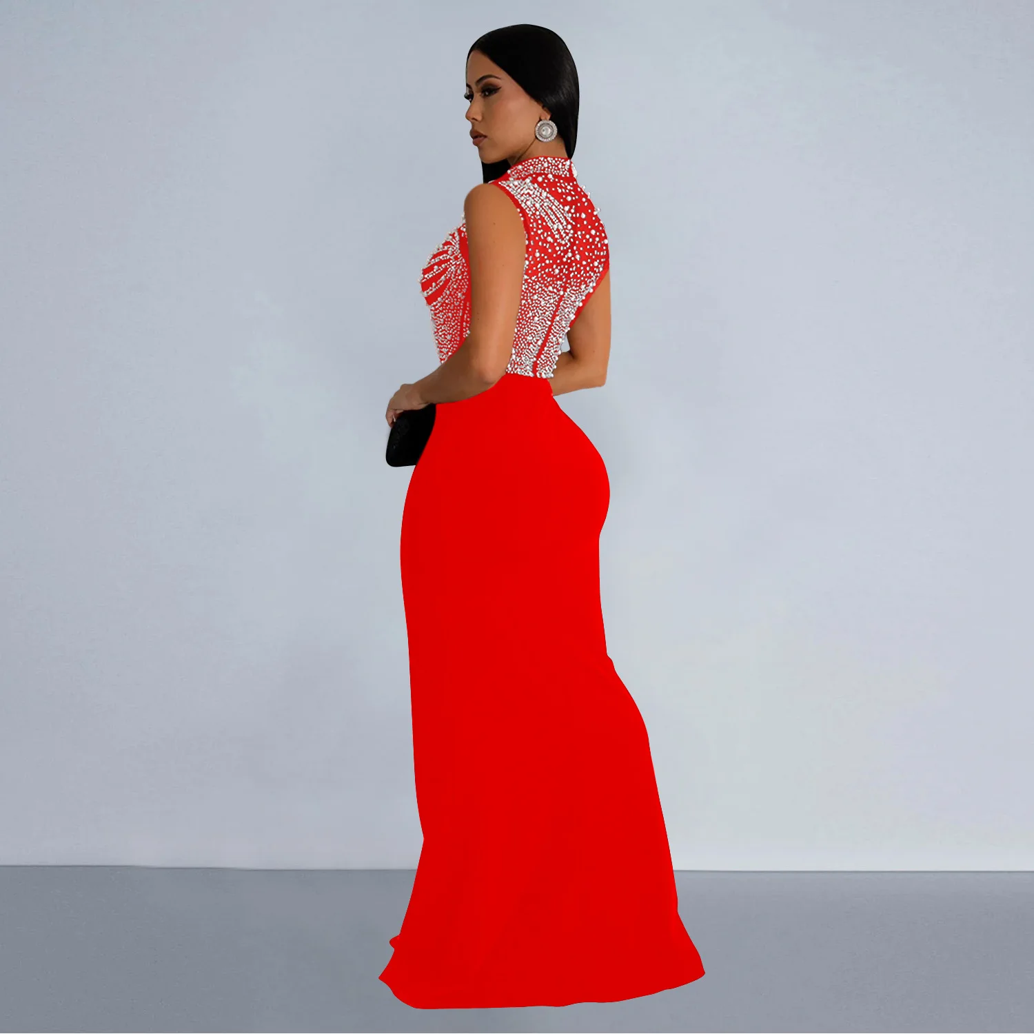 CM.YAYA Women Sleeveless Diamonds Hot Rhinestones High Side Split Mermaid Maxi Long Dress 2024 Even Sexy Party Dresses Vestidos