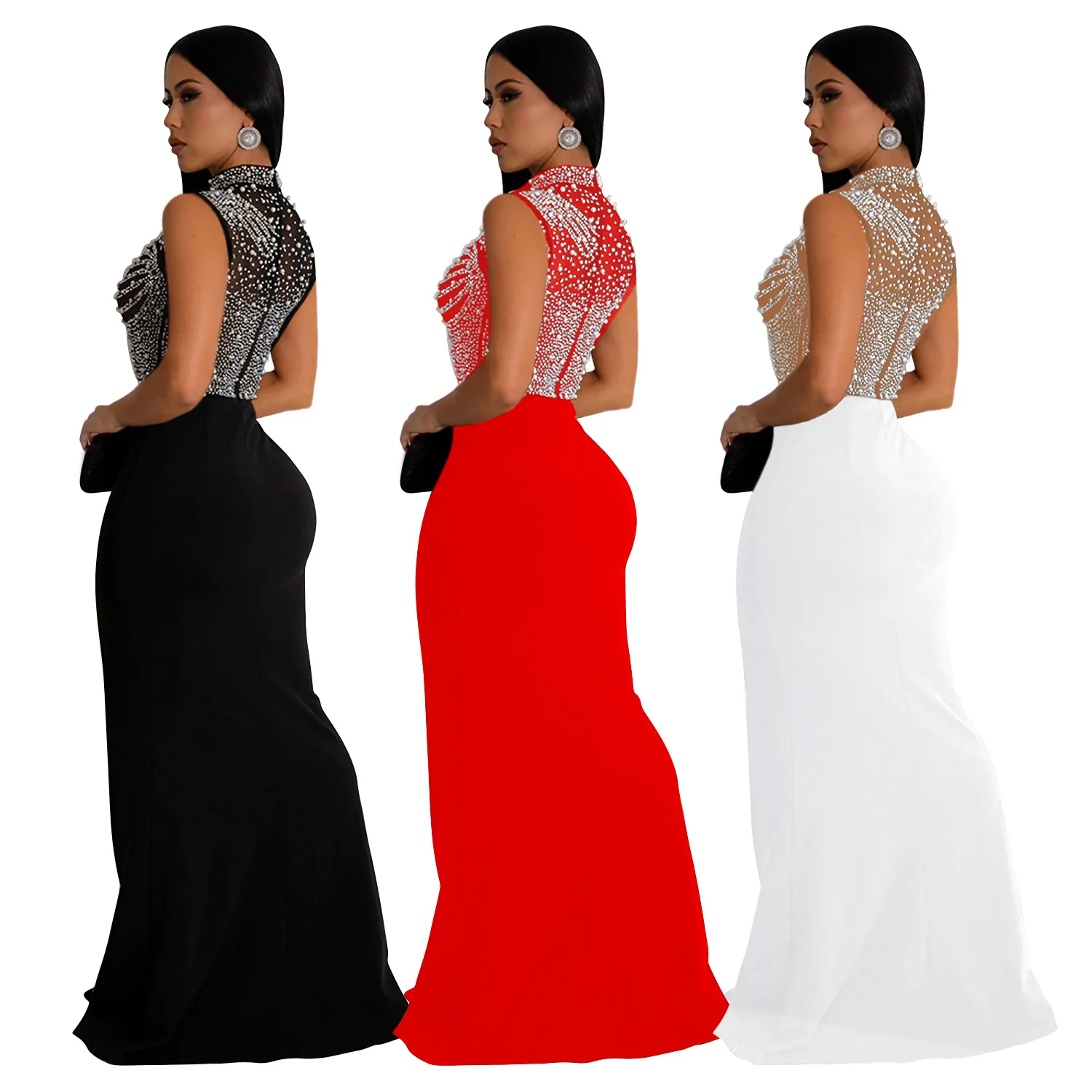 CM.YAYA Women Sleeveless Diamonds Hot Rhinestones High Side Split Mermaid Maxi Long Dress 2024 Even Sexy Party Dresses Vestidos