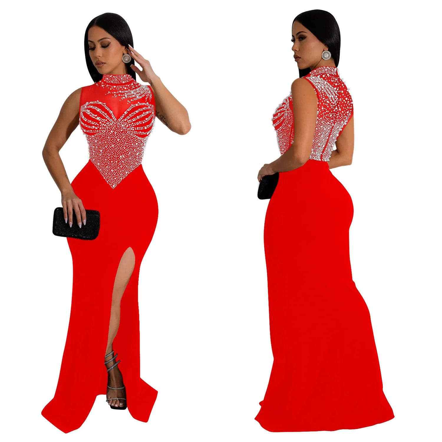 CM.YAYA Women Sleeveless Diamonds Hot Rhinestones High Side Split Mermaid Maxi Long Dress 2024 Even Sexy Party Dresses Vestidos