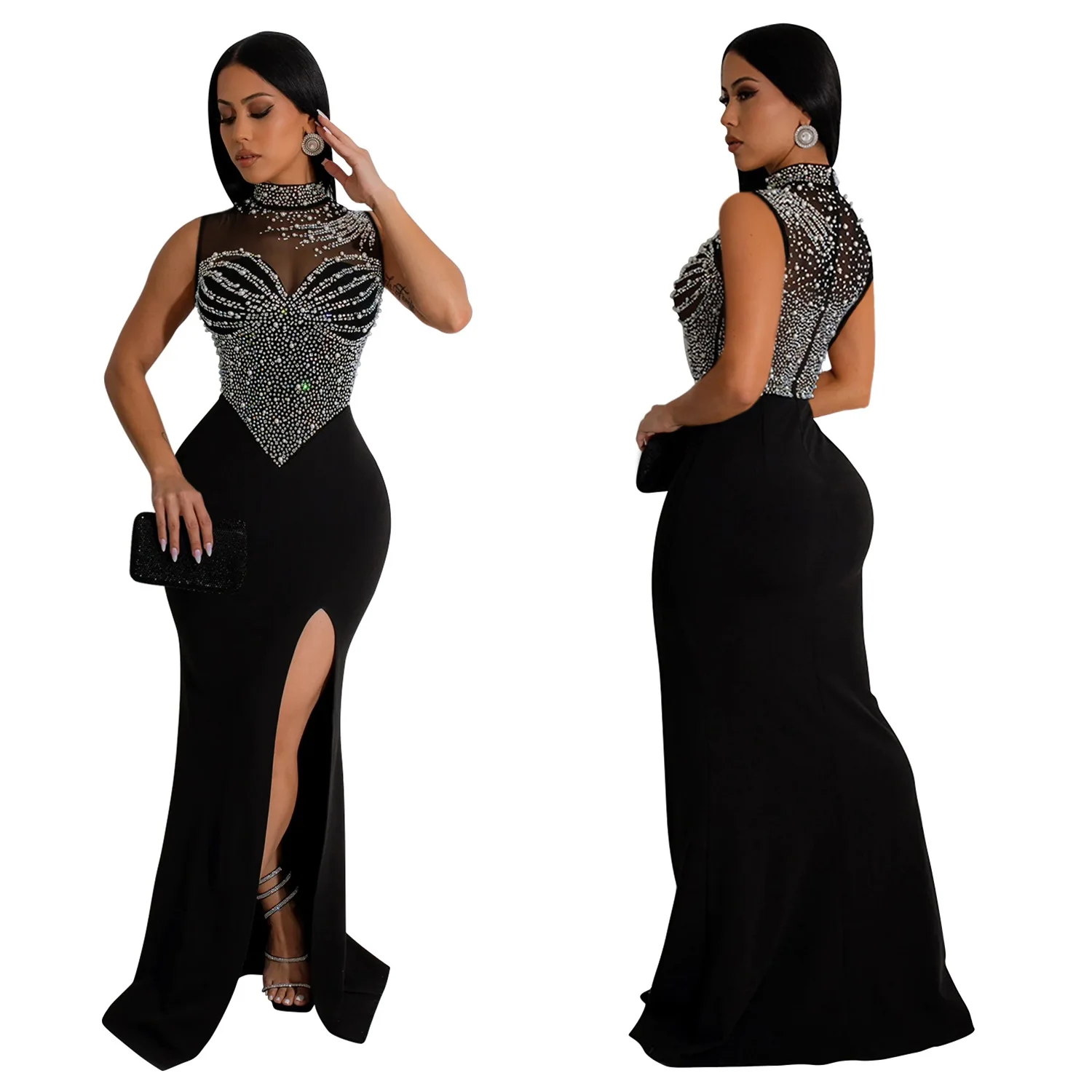 CM.YAYA Women Sleeveless Diamonds Hot Rhinestones High Side Split Mermaid Maxi Long Dress 2024 Even Sexy Party Dresses Vestidos