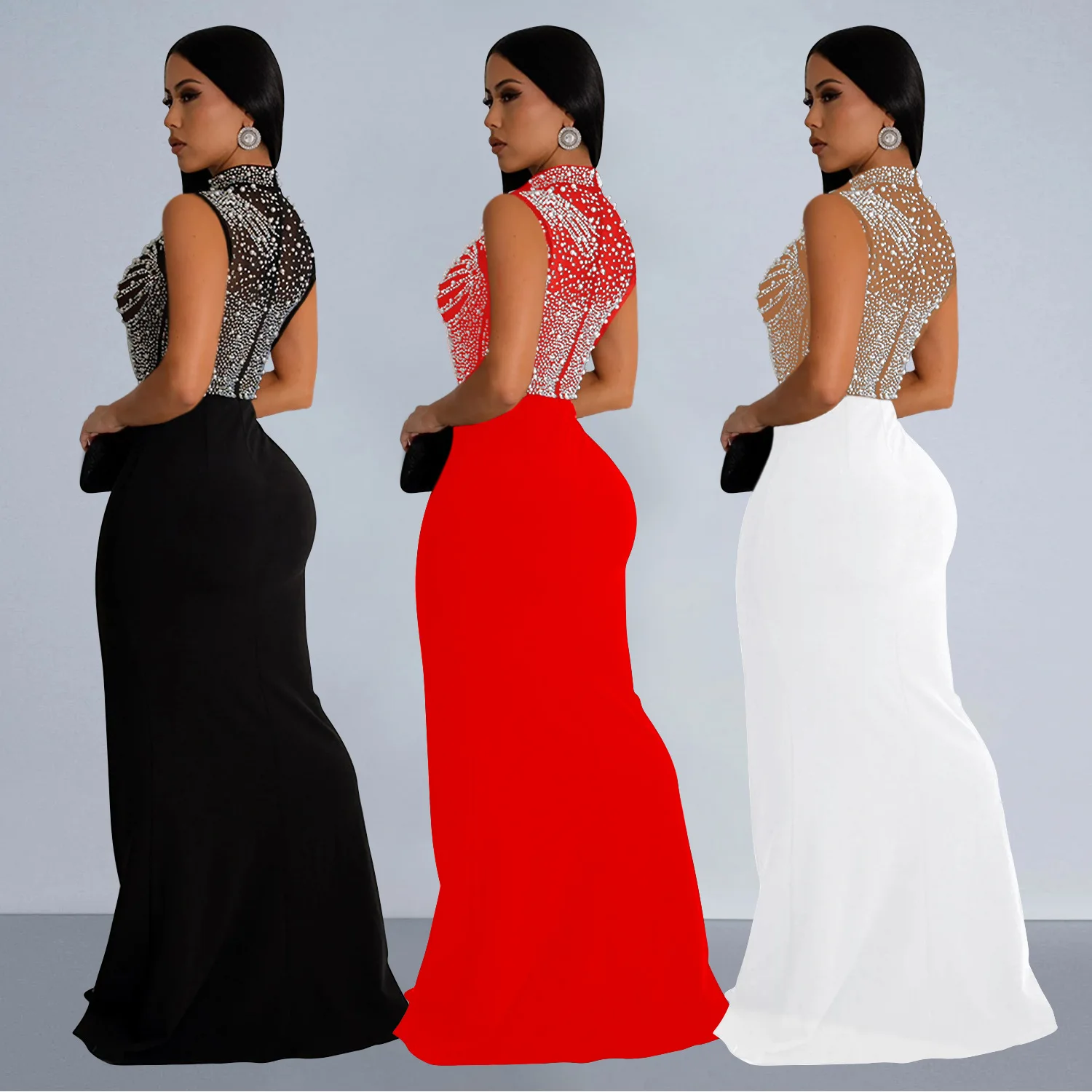 CM.YAYA Women Sleeveless Diamonds Hot Rhinestones High Side Split Mermaid Maxi Long Dress 2024 Even Sexy Party Dresses Vestidos