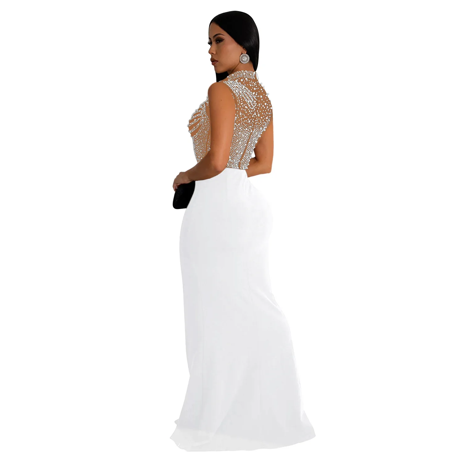 CM.YAYA Women Sleeveless Diamonds Hot Rhinestones High Side Split Mermaid Maxi Long Dress 2024 Even Sexy Party Dresses Vestidos