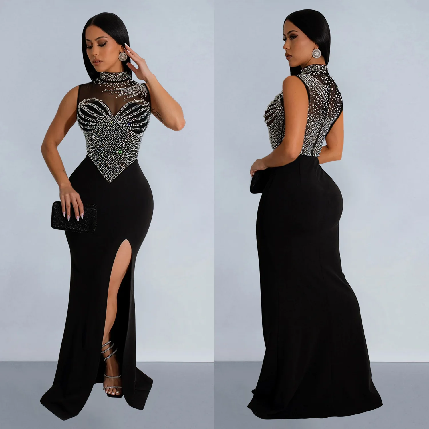 CM.YAYA Women Sleeveless Diamonds Hot Rhinestones High Side Split Mermaid Maxi Long Dress 2024 Even Sexy Party Dresses Vestidos
