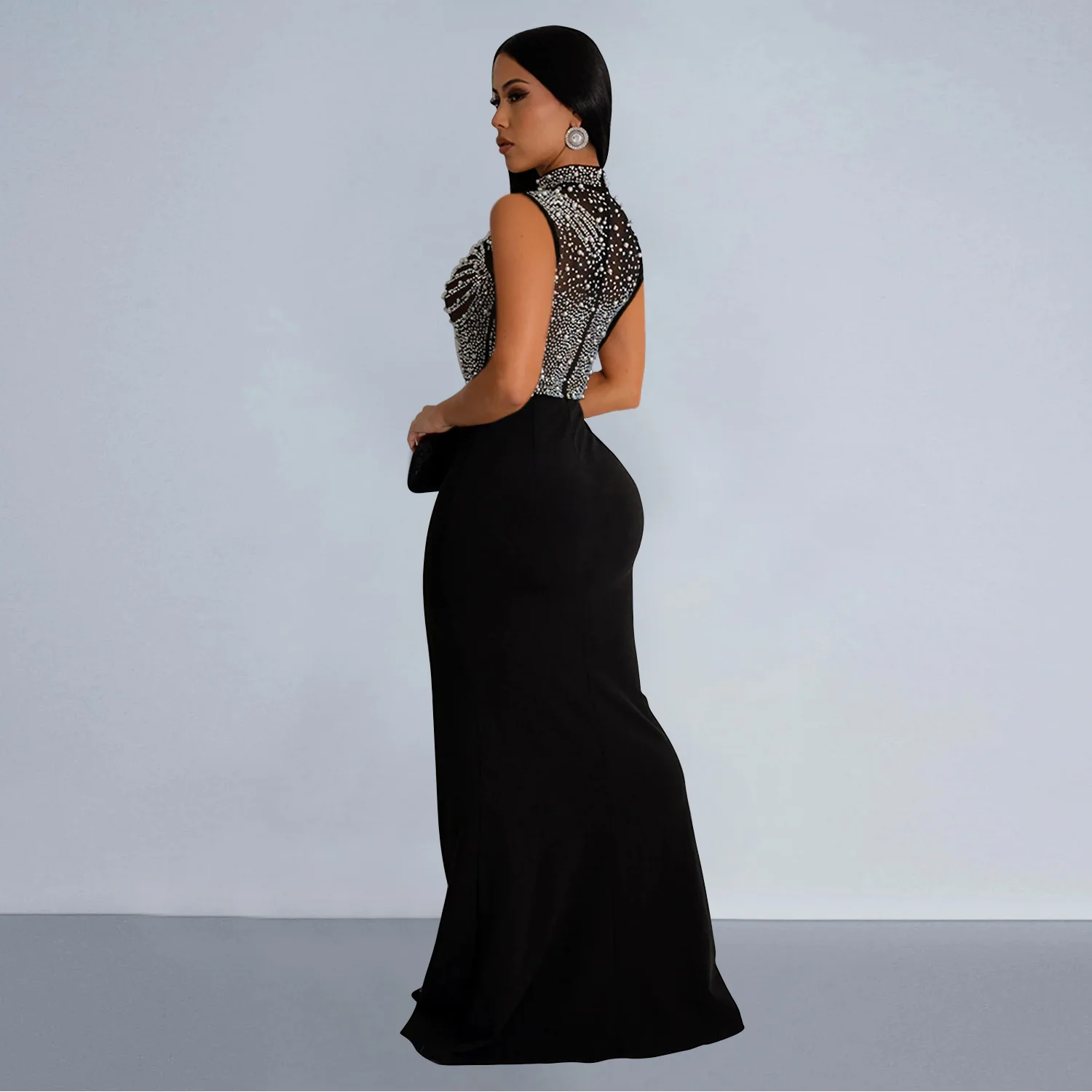 CM.YAYA Women Sleeveless Diamonds Hot Rhinestones High Side Split Mermaid Maxi Long Dress 2024 Even Sexy Party Dresses Vestidos