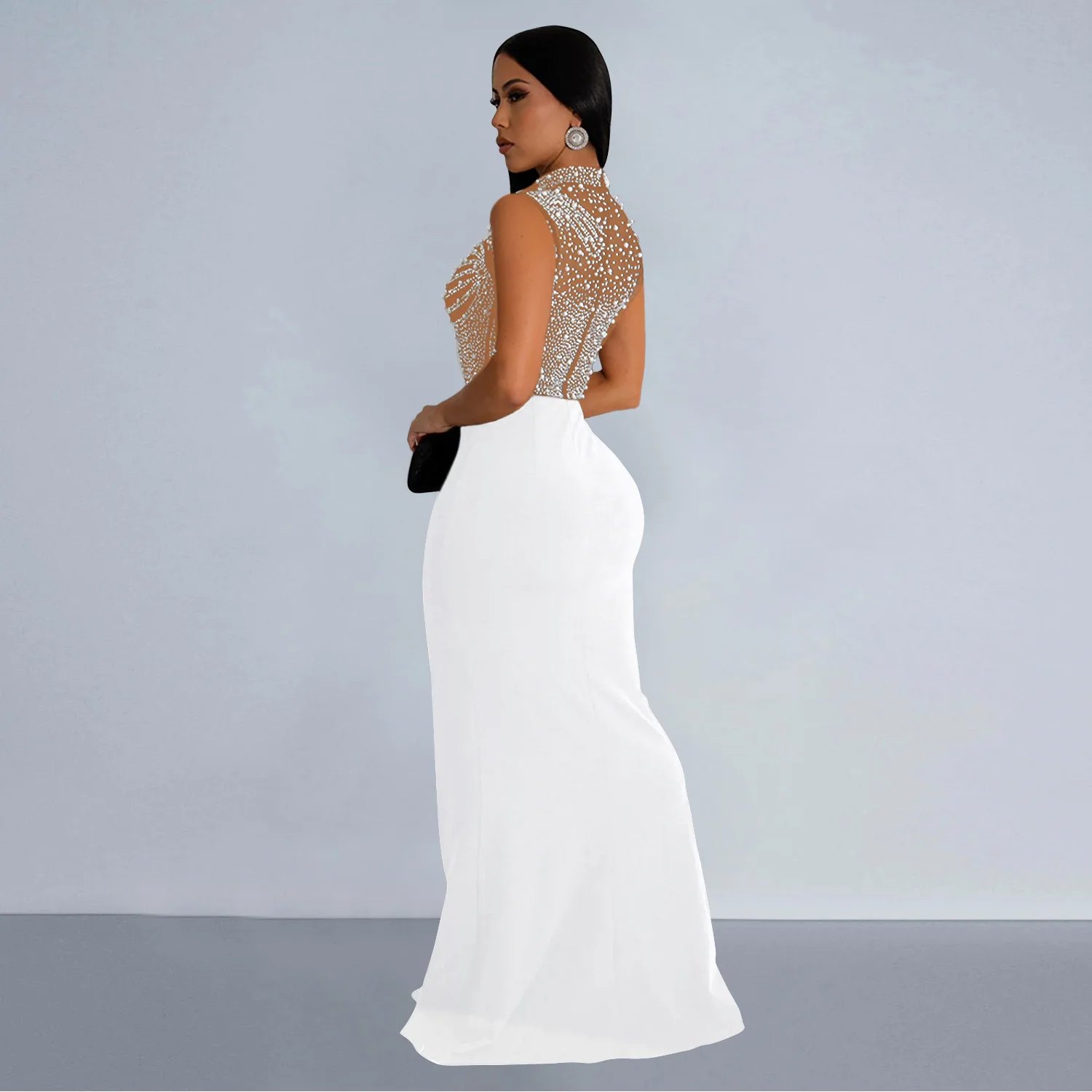 CM.YAYA Women Sleeveless Diamonds Hot Rhinestones High Side Split Mermaid Maxi Long Dress 2024 Even Sexy Party Dresses Vestidos