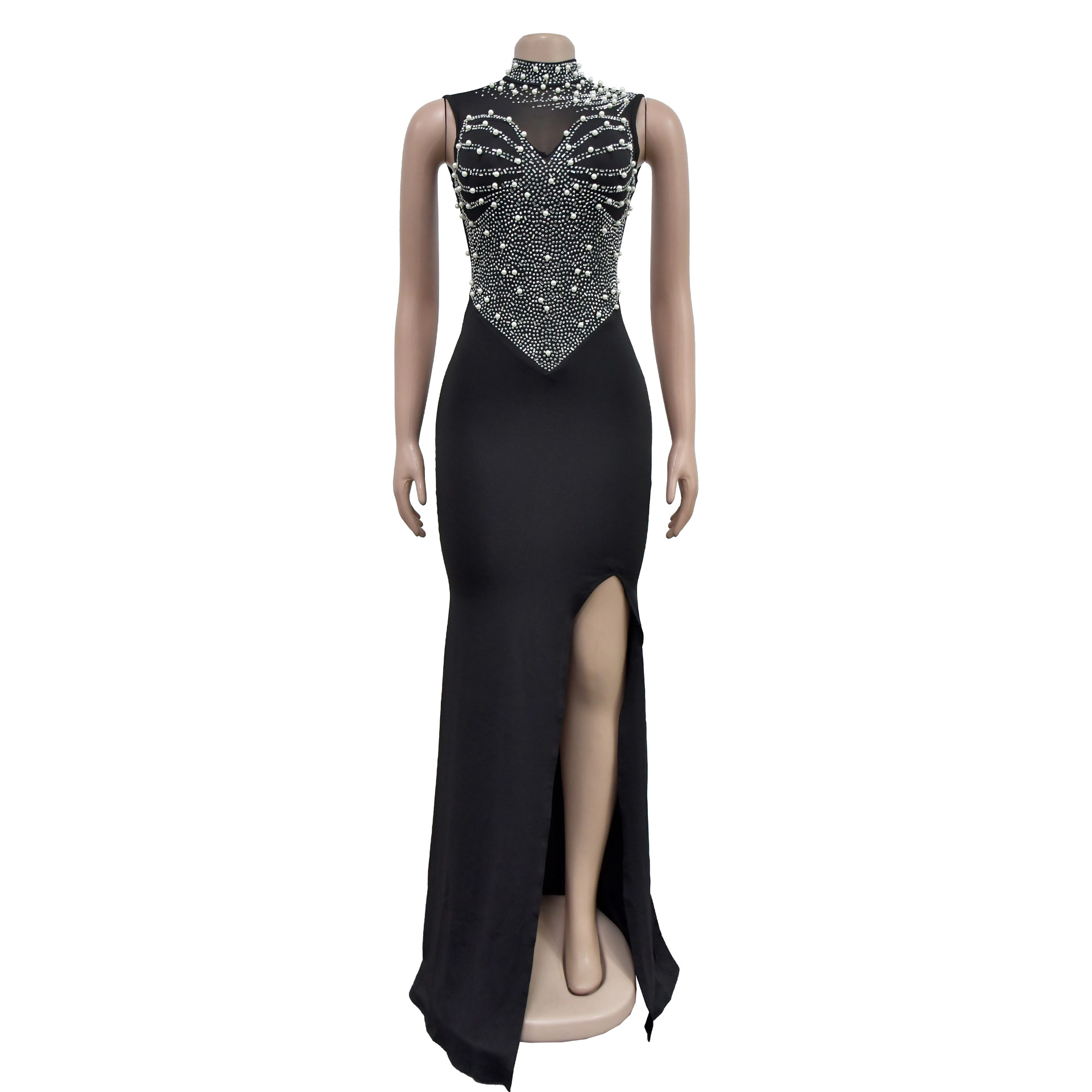 CM.YAYA Women Sleeveless Diamonds Hot Rhinestones High Side Split Mermaid Maxi Long Dress 2024 Even Sexy Party Dresses Vestidos