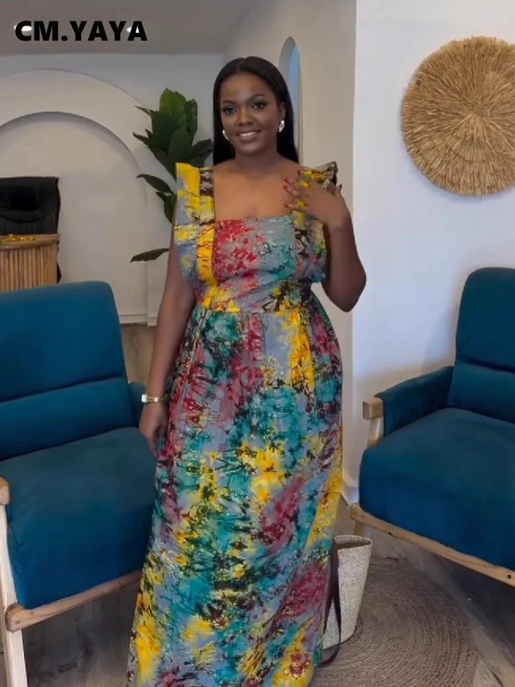 CM.YAYA Elegant Women Tie Dye Print Ruffles Sleeveless Floor-Length Long Dress African Evening Beach Party Birthday Sexy Dresses