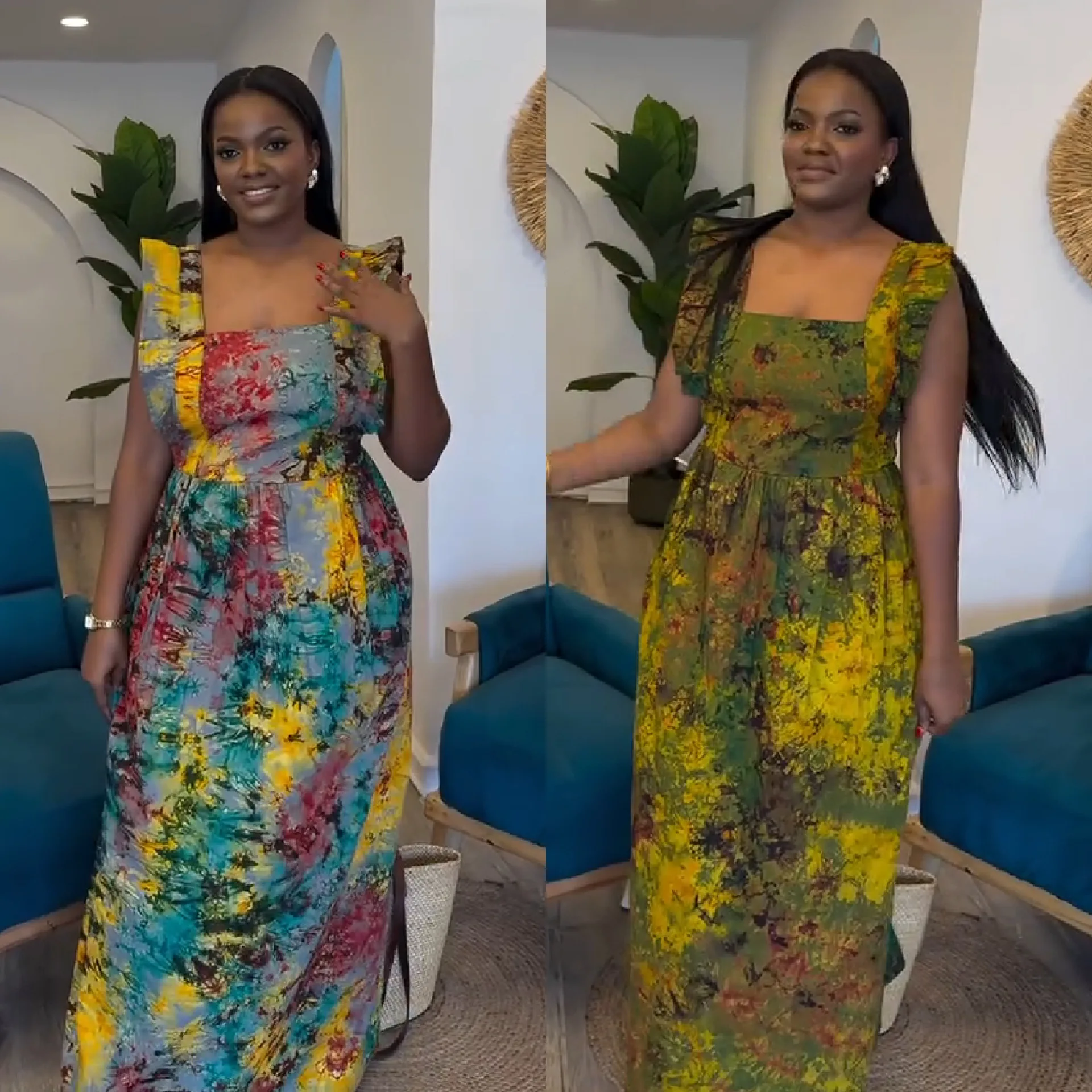 CM.YAYA Elegant Women Tie Dye Print Ruffles Sleeveless Floor-Length Long Dress African Evening Beach Party Birthday Sexy Dresses