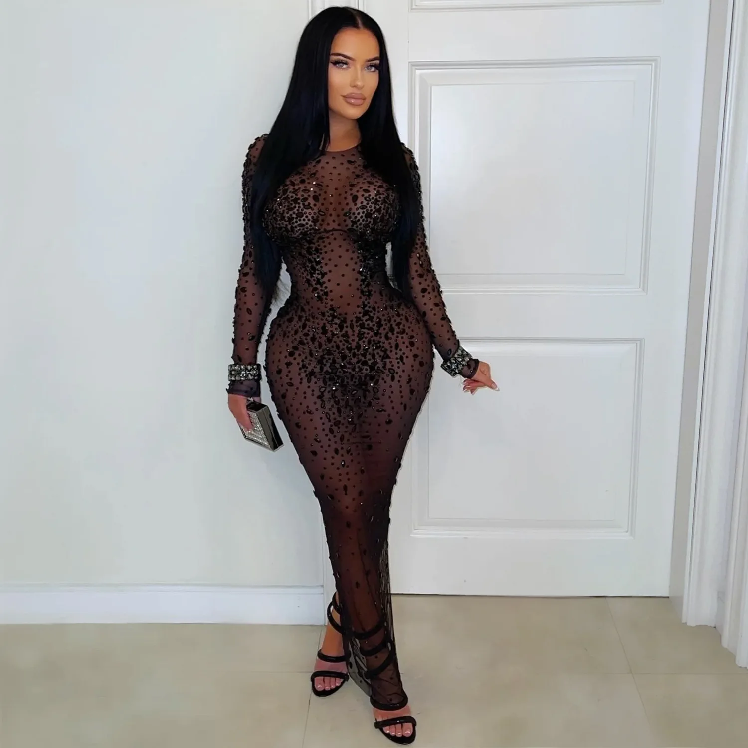 CM.YAYA Women O-neck Long Sleeve Mesh Diamonds Hot Rhinestones Long Dress 2026 Birthday Bodycon Mermaid Maxi Dresses Vestidos