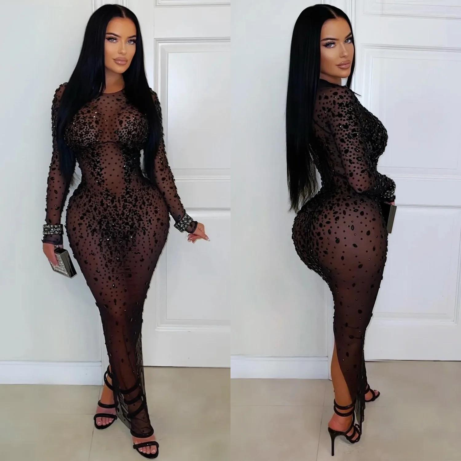 CM.YAYA Women O-neck Long Sleeve Mesh Diamonds Hot Rhinestones Long Dress 2026 Birthday Bodycon Mermaid Maxi Dresses Vestidos