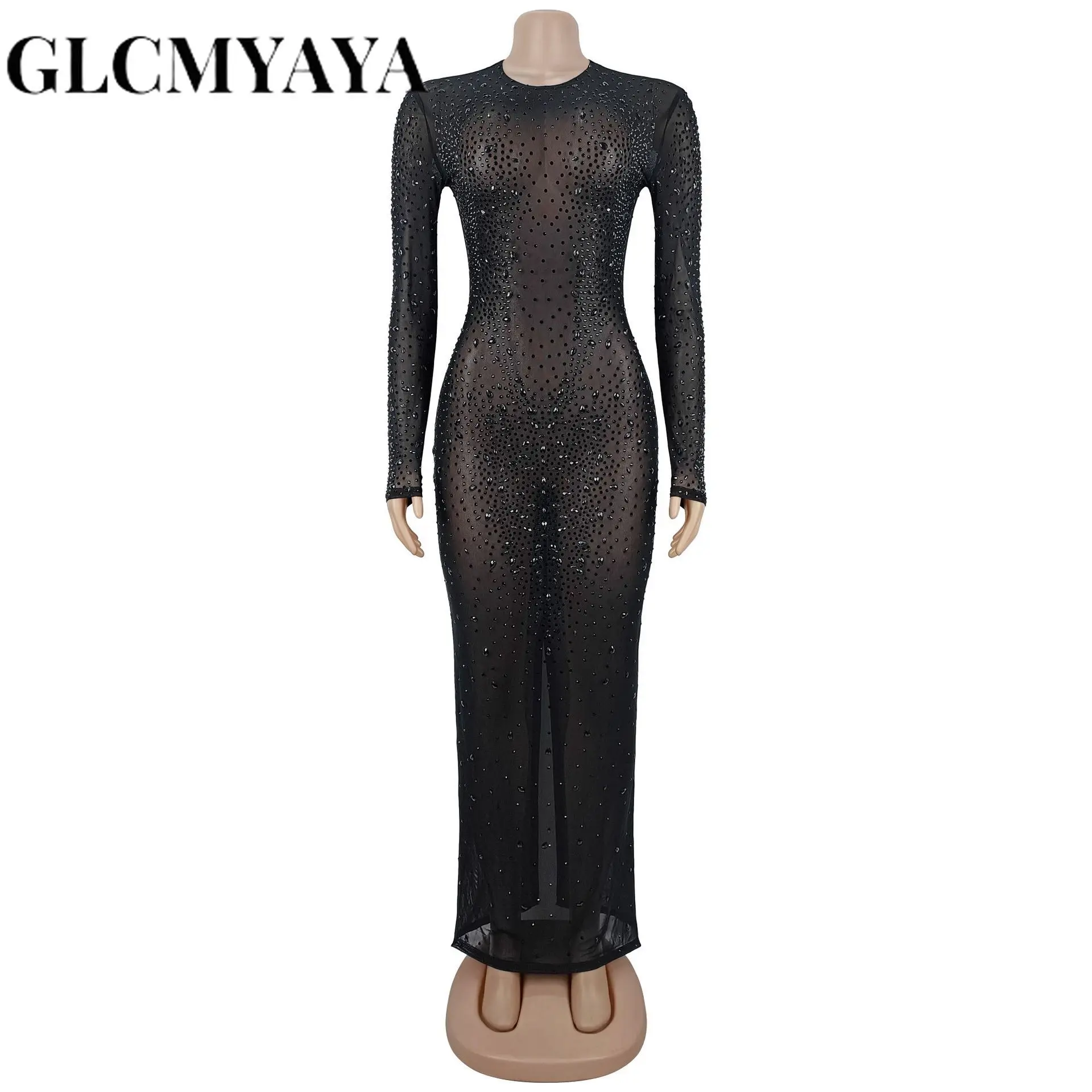 CM.YAYA Women O-neck Long Sleeve Mesh Diamonds Hot Rhinestones Long Dress 2026 Birthday Bodycon Mermaid Maxi Dresses Vestidos