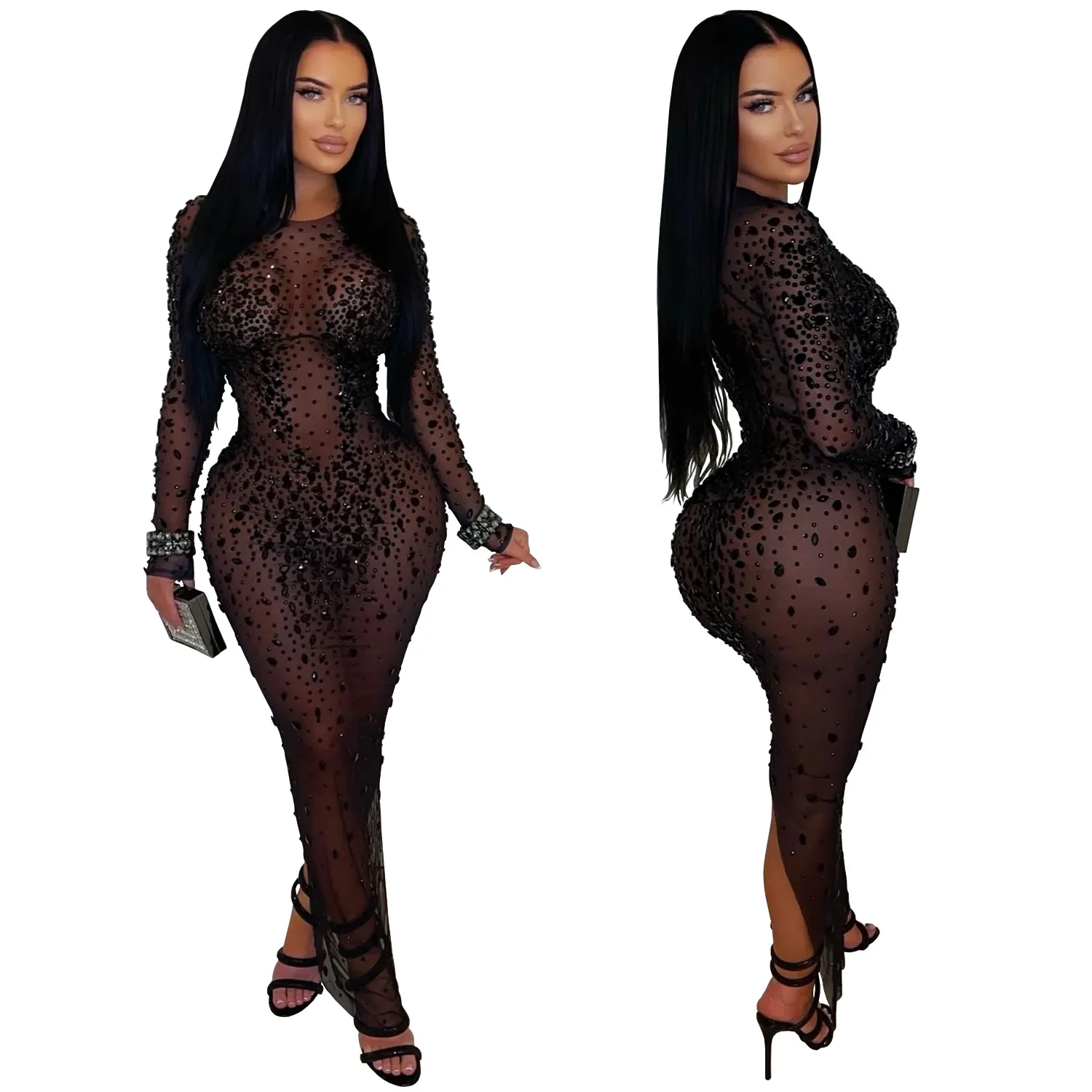 CM.YAYA Women O-neck Long Sleeve Mesh Diamonds Hot Rhinestones Long Dress 2026 Birthday Bodycon Mermaid Maxi Dresses Vestidos