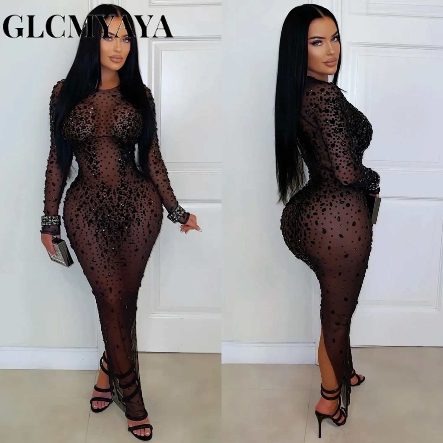 CM.YAYA Women O-neck Long Sleeve Mesh Diamonds Hot Rhinestones Long Dress 2026 Birthday Bodycon Mermaid Maxi Dresses Vestidos