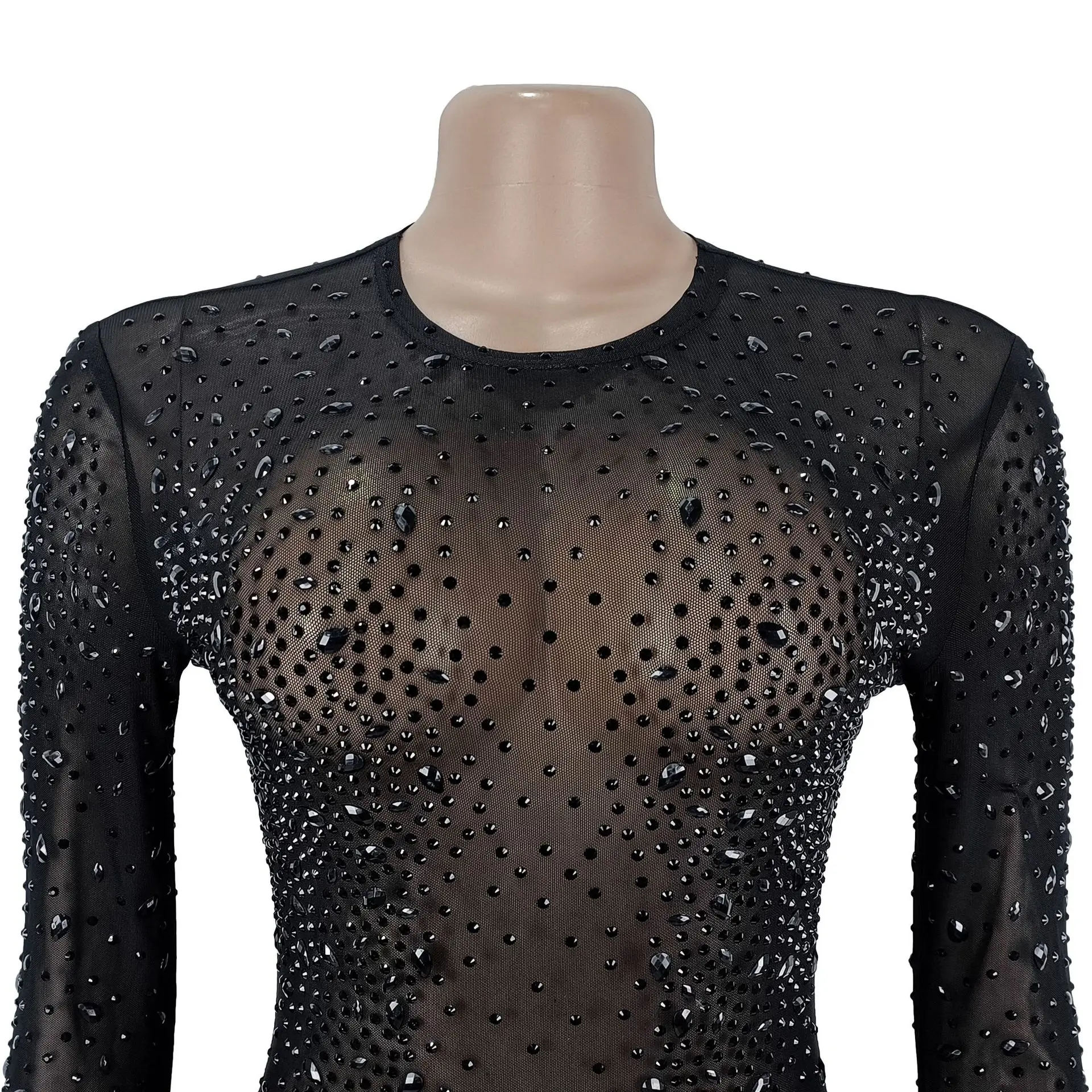 CM.YAYA Women O-neck Long Sleeve Mesh Diamonds Hot Rhinestones Long Dress 2026 Birthday Bodycon Mermaid Maxi Dresses Vestidos