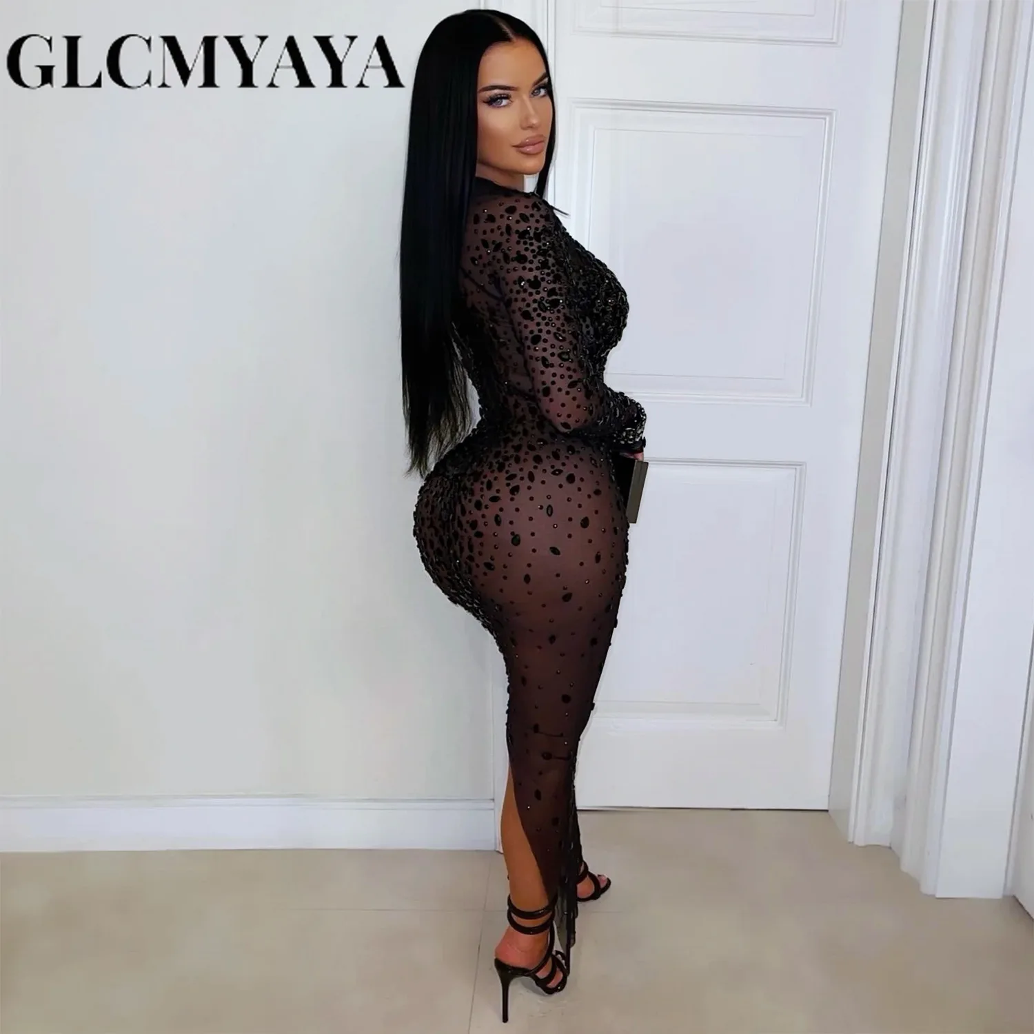 CM.YAYA Women O-neck Long Sleeve Mesh Diamonds Hot Rhinestones Long Dress 2026 Birthday Bodycon Mermaid Maxi Dresses Vestidos