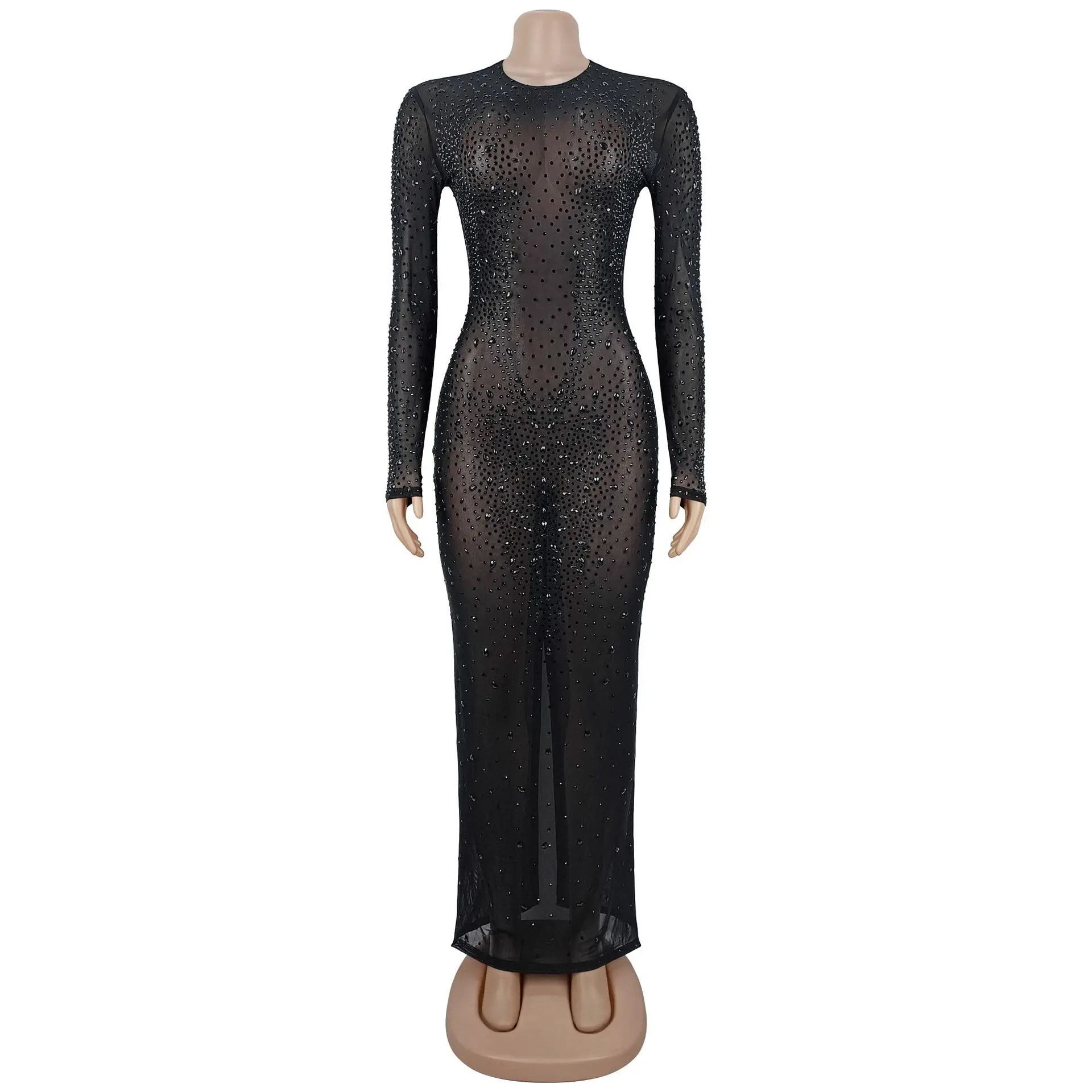 CM.YAYA Women O-neck Long Sleeve Mesh Diamonds Hot Rhinestones Long Dress 2026 Birthday Bodycon Mermaid Maxi Dresses Vestidos