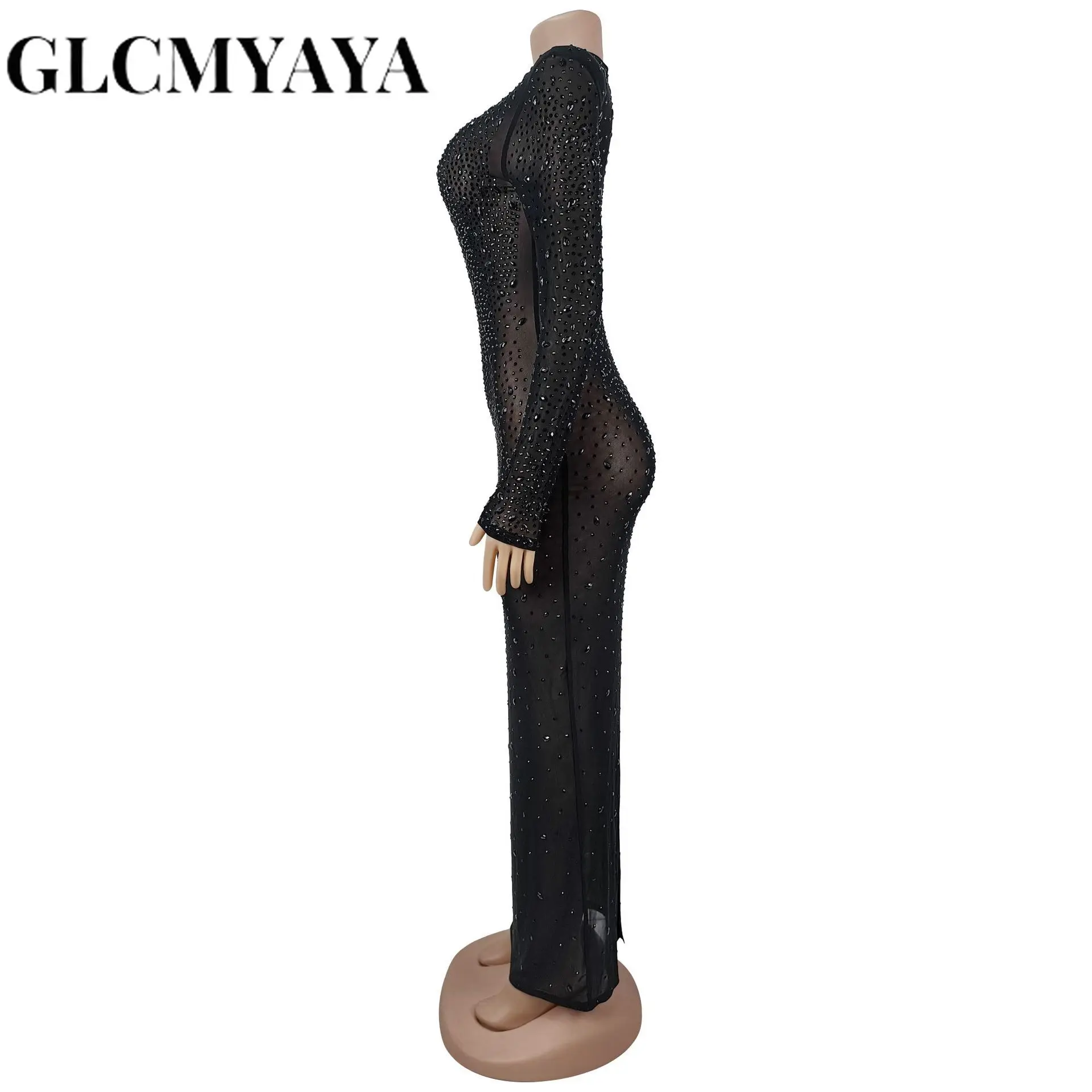 CM.YAYA Women O-neck Long Sleeve Mesh Diamonds Hot Rhinestones Long Dress 2026 Birthday Bodycon Mermaid Maxi Dresses Vestidos