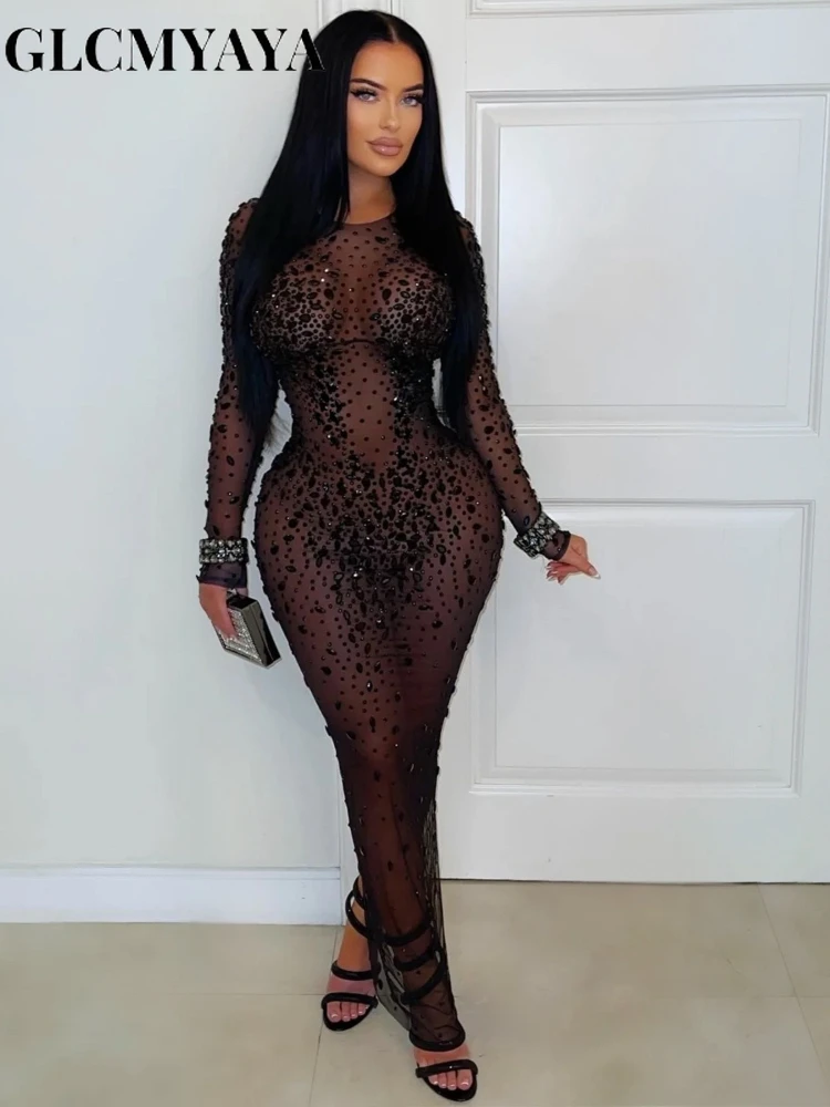 CM.YAYA Women O-neck Long Sleeve Mesh Diamonds Hot Rhinestones Long Dress 2026 Birthday Bodycon Mermaid Maxi Dresses Vestidos
