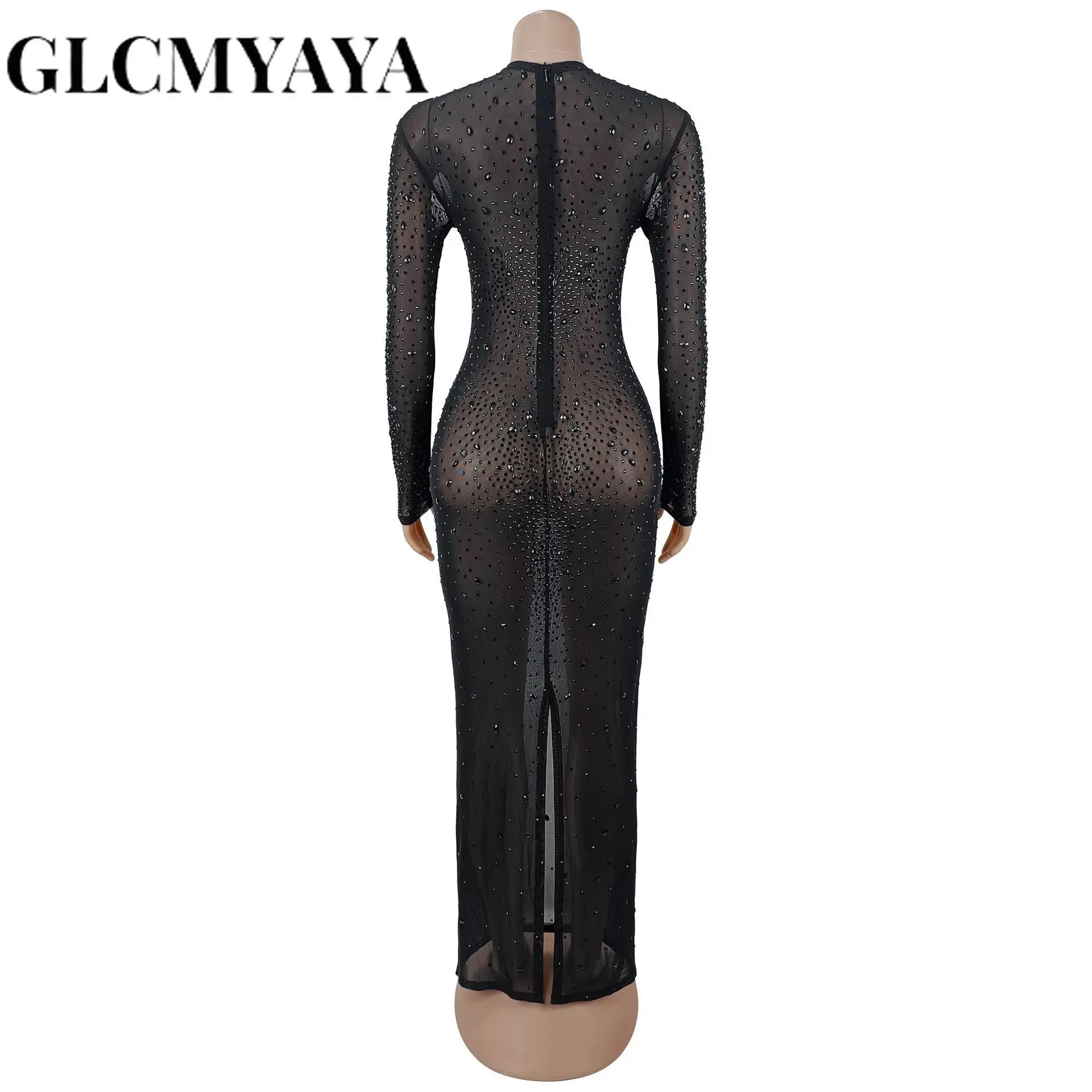 CM.YAYA Women O-neck Long Sleeve Mesh Diamonds Hot Rhinestones Long Dress 2026 Birthday Bodycon Mermaid Maxi Dresses Vestidos