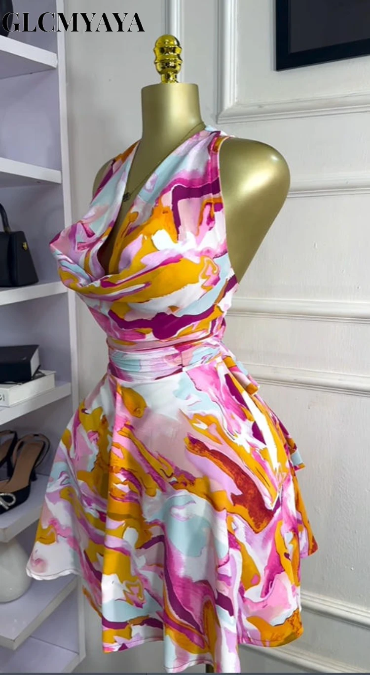 CM.YAYA Women Sleeveless Tie Dye Printed Halter Pile Collar A-line Mini Dress Sexy Street Birthday Party Evening Trendy Dresses CM.YAYA Women Sleeveless Tie Dye Printed Halter Pile Collar A-line Mini Dress Sexy Street Birthday Party Evening Trendy Dresses