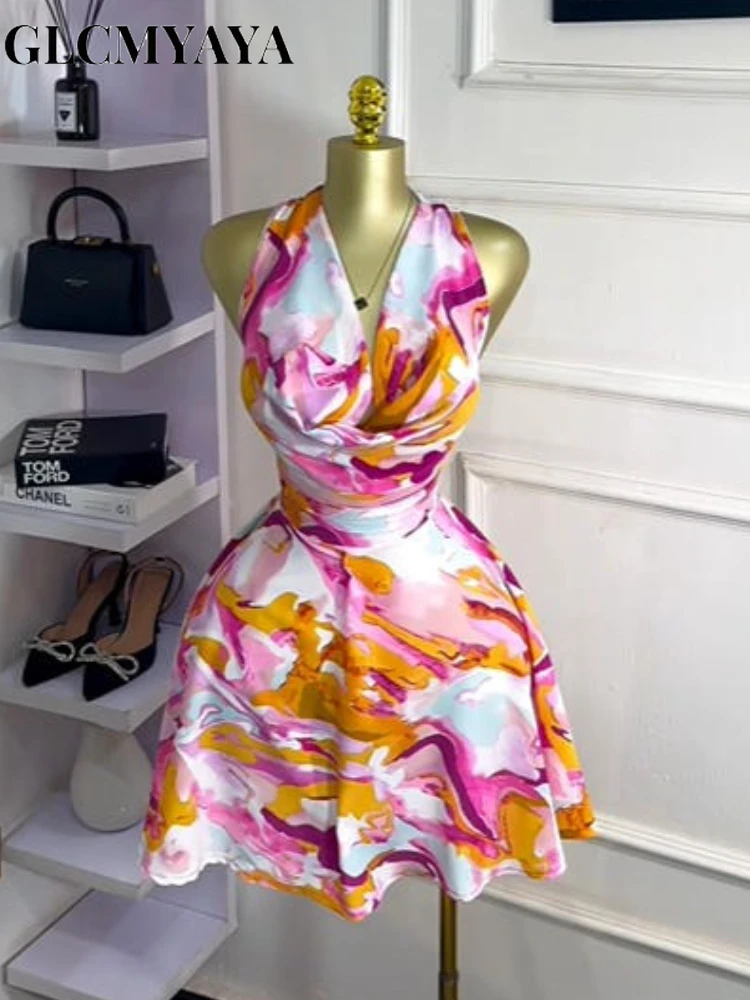 CM.YAYA Women Sleeveless Tie Dye Printed Halter Pile Collar A-line Mini Dress Sexy Street Birthday Party Evening Trendy Dresses