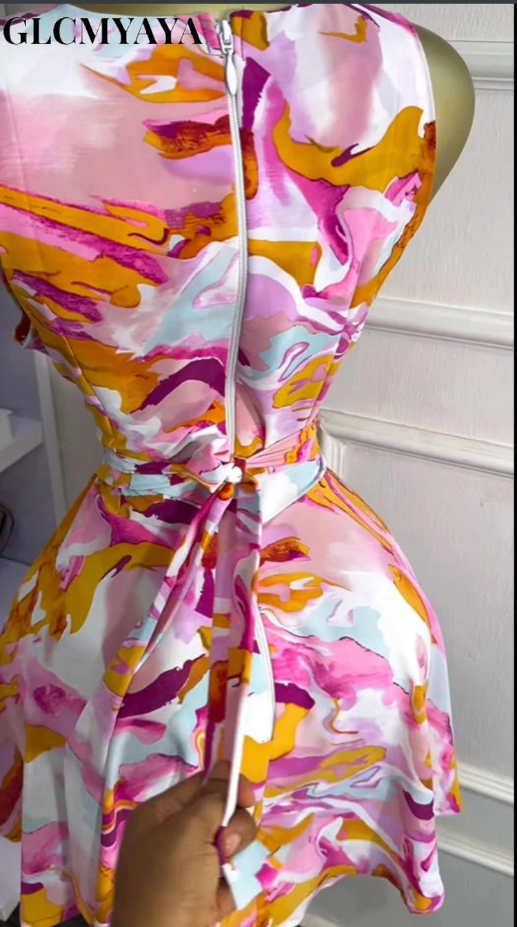 CM.YAYA Women Sleeveless Tie Dye Printed Halter Pile Collar A-line Mini Dress Sexy Street Birthday Party Evening Trendy Dresses