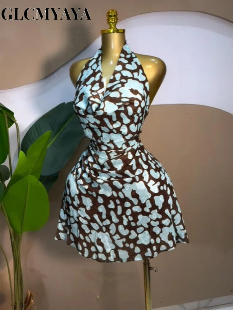 CM.YAYA Women Sleeveless Tie Dye Printed Halter Pile Collar A-line Mini Dress Sexy Street Birthday Party Evening Trendy Dresses