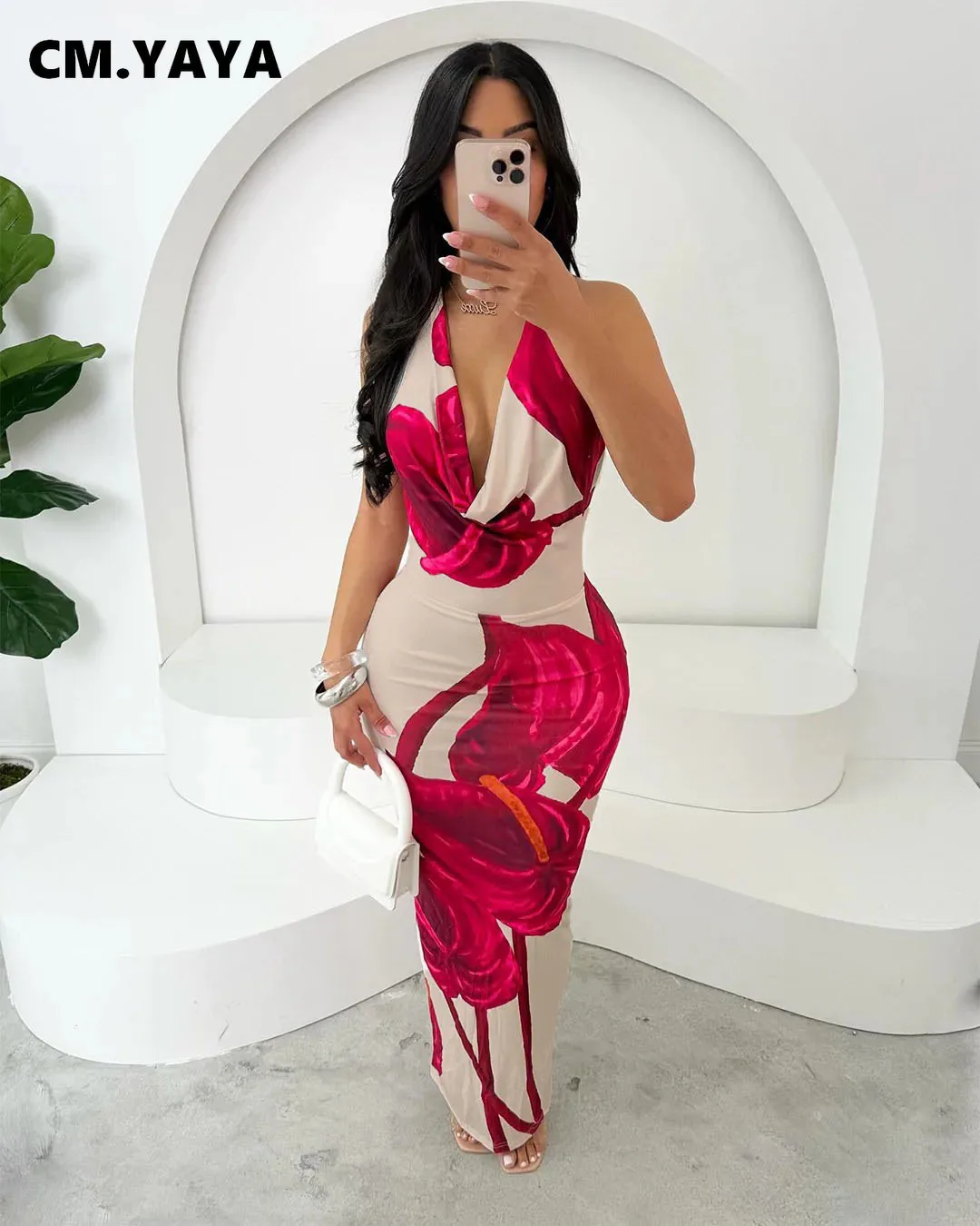 CM.YAYA Women Sleeveless floral Print pile neck backless bodycon midi maxi Dress Summer Evening Sexy Party long Dresses Vestidos