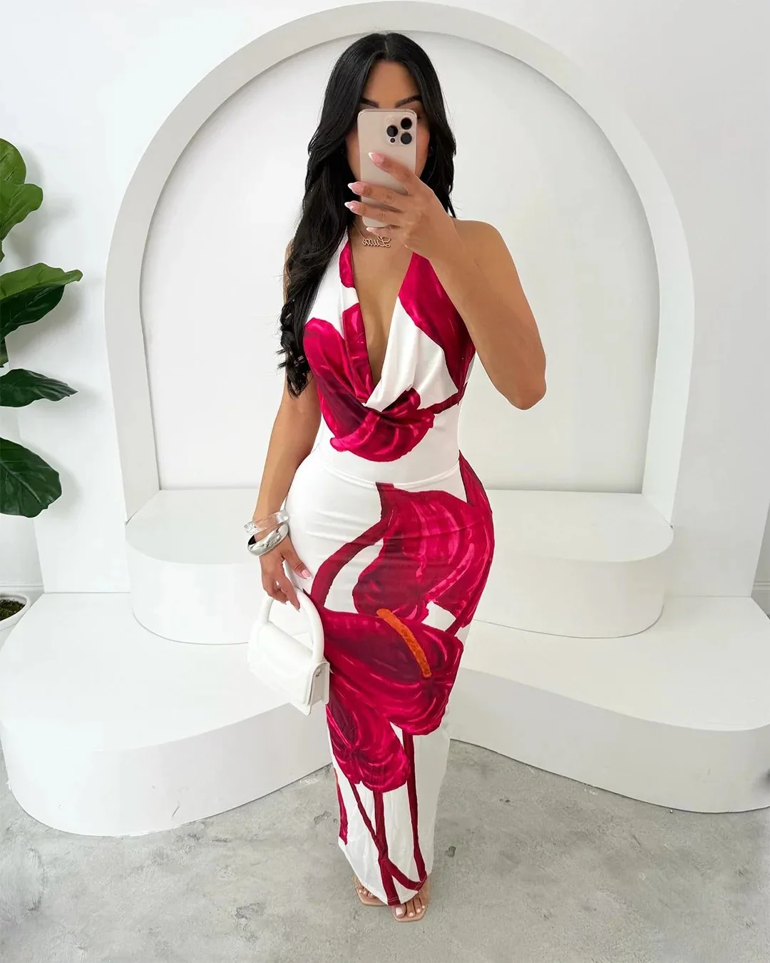 CM.YAYA Women Sleeveless floral Print pile neck backless bodycon midi maxi Dress Summer Evening Sexy Party long Dresses Vestidos