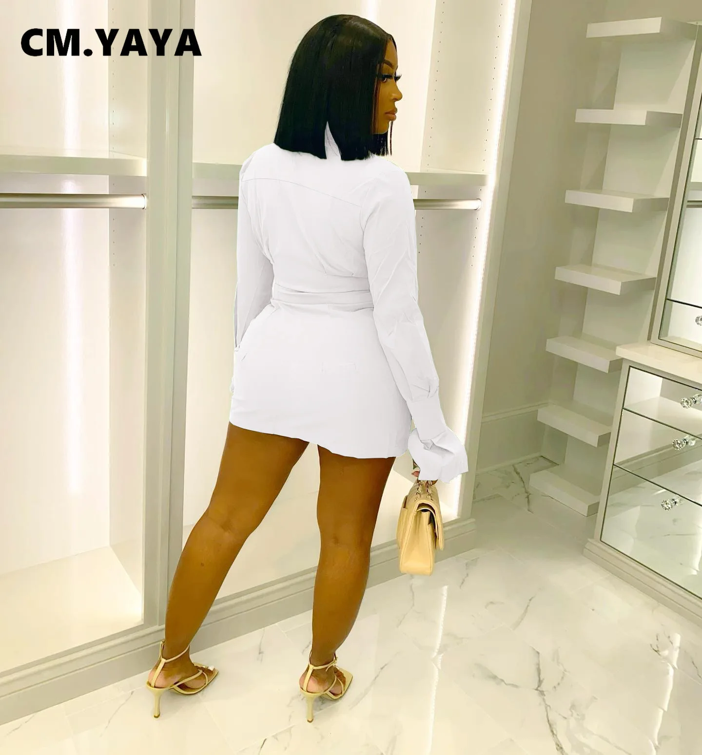 CM.YAYA Women Single Breasted Turn-down Neck Shirt Style A-line Bodycon Long Sleeve Dress 2022 New