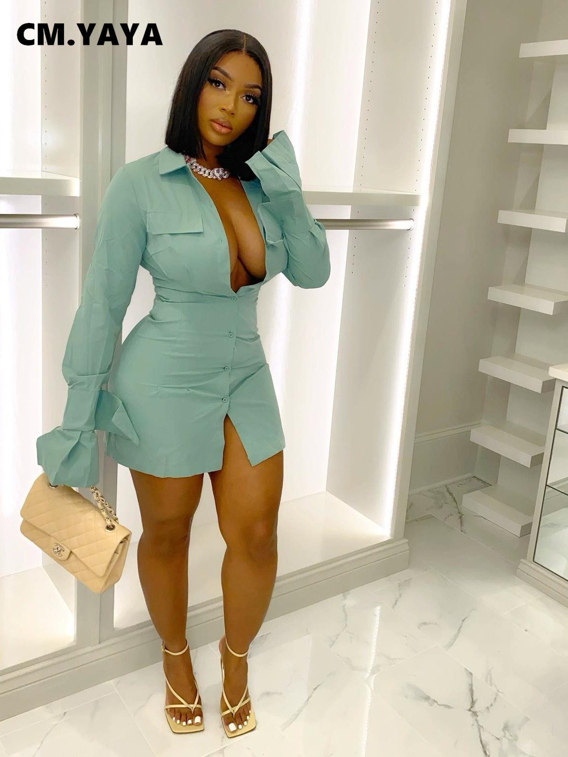 CM.YAYA Women Single Breasted Turn-down Neck Shirt Style A-line Bodycon Long Sleeve Dress 2022 New