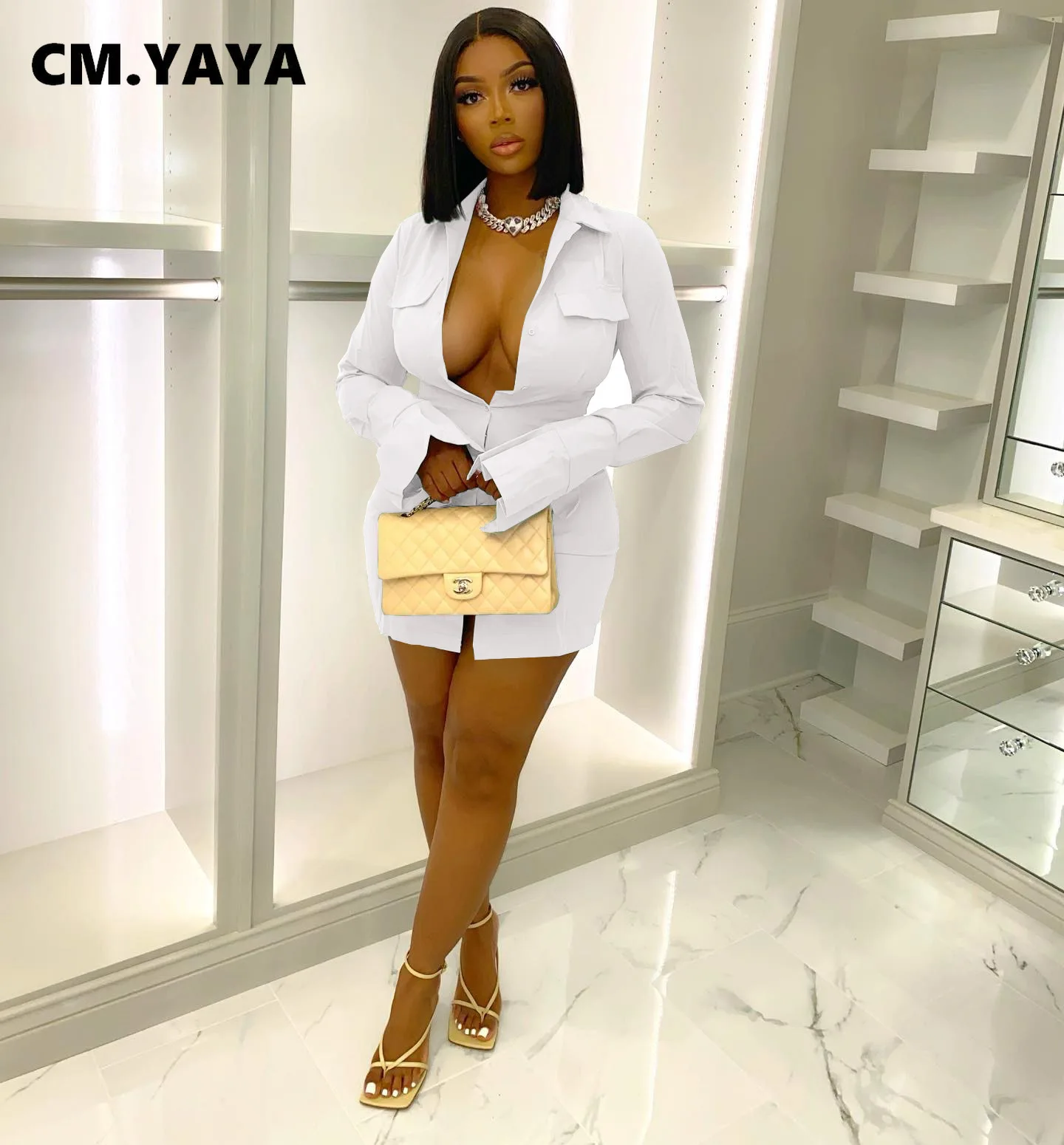 CM.YAYA Women Single Breasted Turn-down Neck Shirt Style A-line Bodycon Long Sleeve Dress 2022 New