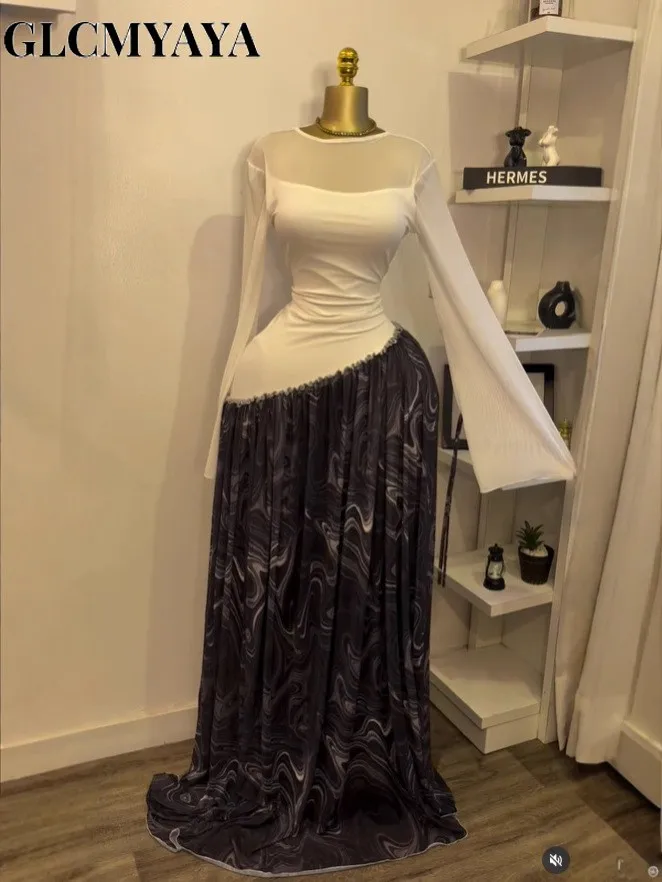 GLCMYAYA 2026 Women Mesh Print Full Sleeve O-neck Elegant Long Dress Fall Birthday Holiday Evening Sexy Party Dresses Vestidos