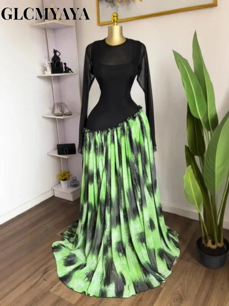 GLCMYAYA 2026 Women Mesh Print Full Sleeve O-neck Elegant Long Dress Fall Birthday Holiday Evening Sexy Party Dresses Vestidos