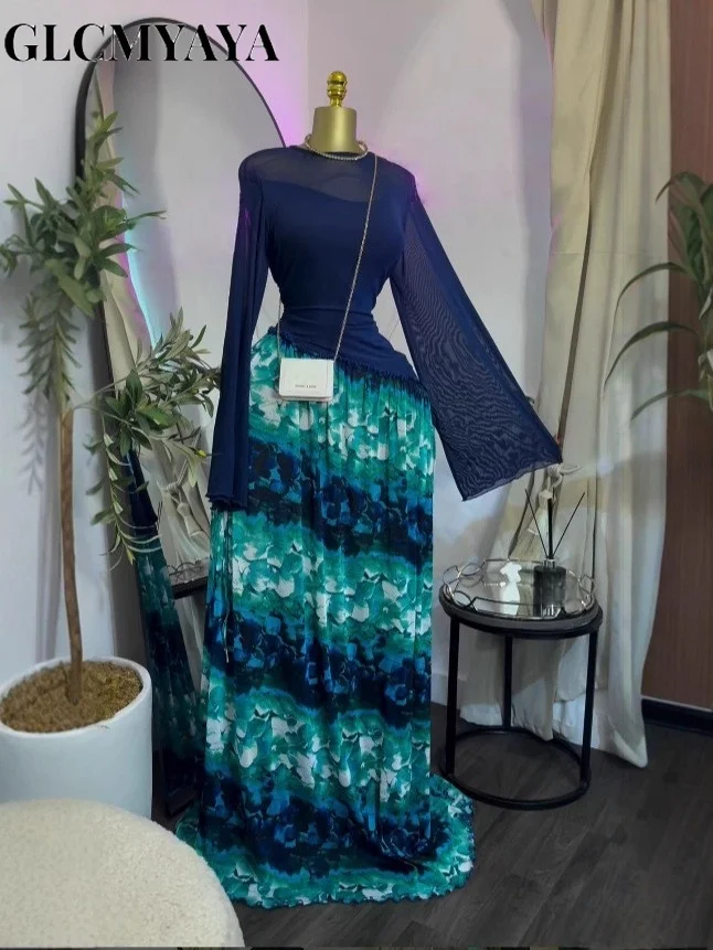 GLCMYAYA 2026 Women Mesh Print Full Sleeve O-neck Elegant Long Dress Fall Birthday Holiday Evening Sexy Party Dresses Vestidos