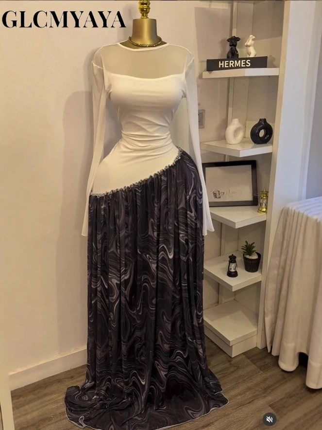 GLCMYAYA 2026 Women Mesh Print Full Sleeve O-neck Elegant Long Dress Fall Birthday Holiday Evening Sexy Party Dresses Vestidos